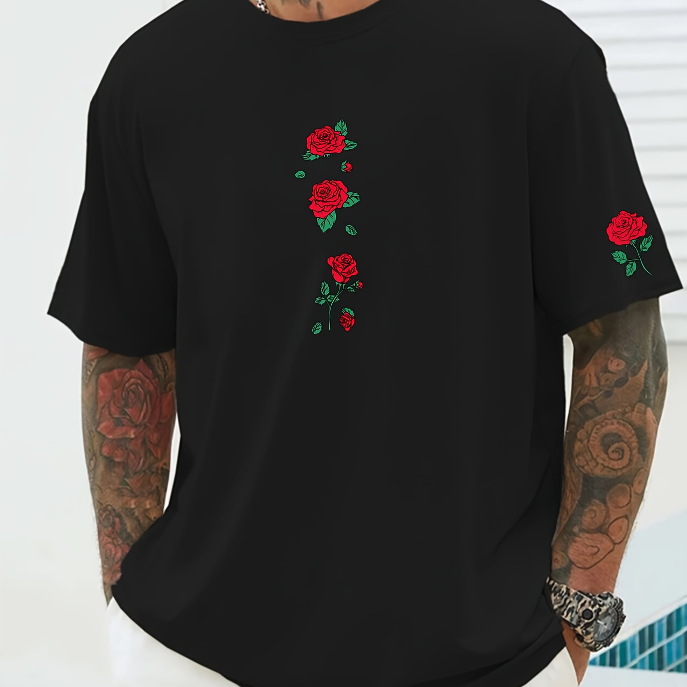 

Rose Print Men's Round Neck Short Sleeve Tee Fashion Regular Fit T-shirt Top For Spring Summer Holiday