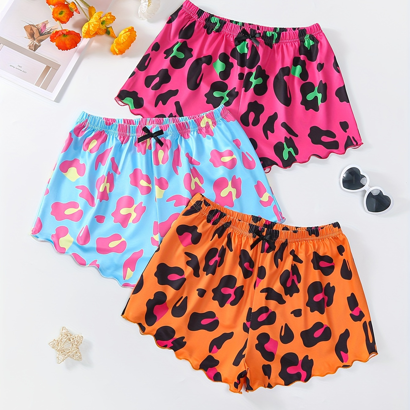 

3 Pcs Leopard Print Pajama Bottoms, Casual Loose Fit Lettuce Trim Shorts, Women's Sleepwear