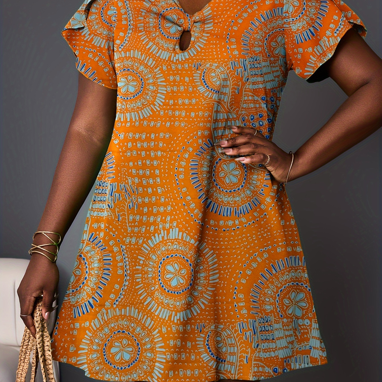 

Elegant Women's Floral Print Dress With Ruffle Sleeves - Crew Neck, Non-stretch Polyester, Machine Washable - All
