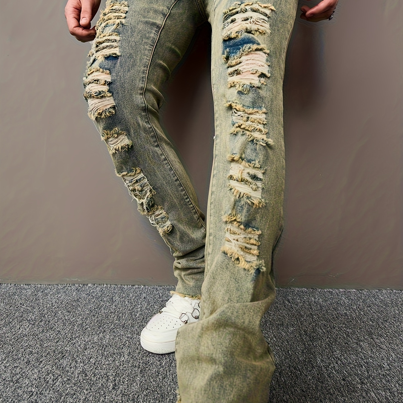 

Men's Vintage Style Ripped Slim Fit Denim Pants, Street Style