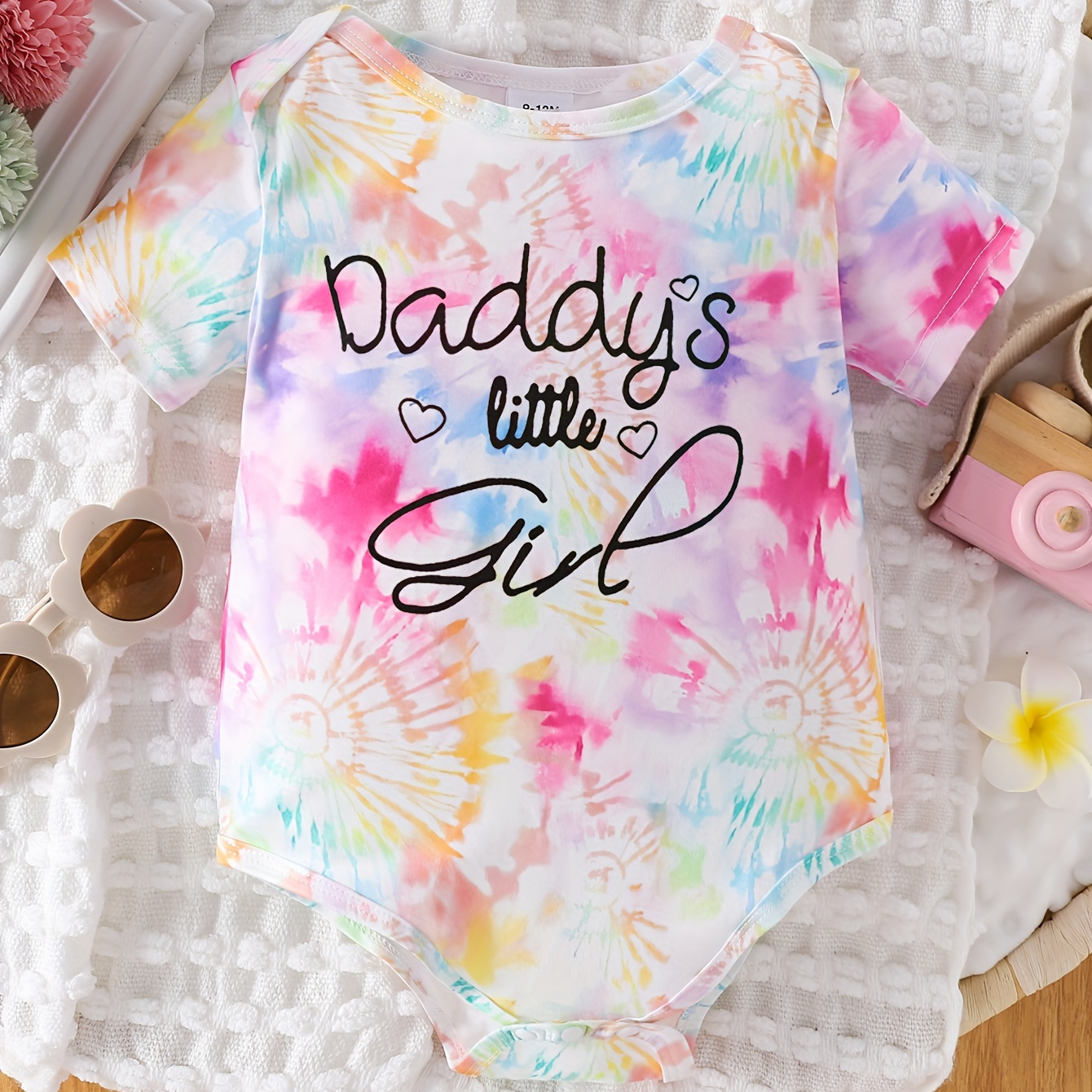 

Baby's "daddy's Little Girl" Print Tie-dye Triangle Bodysuit, Casual Short Sleeve Romper, Toddler & Infant Girl's Onesie For Summer, As Gift