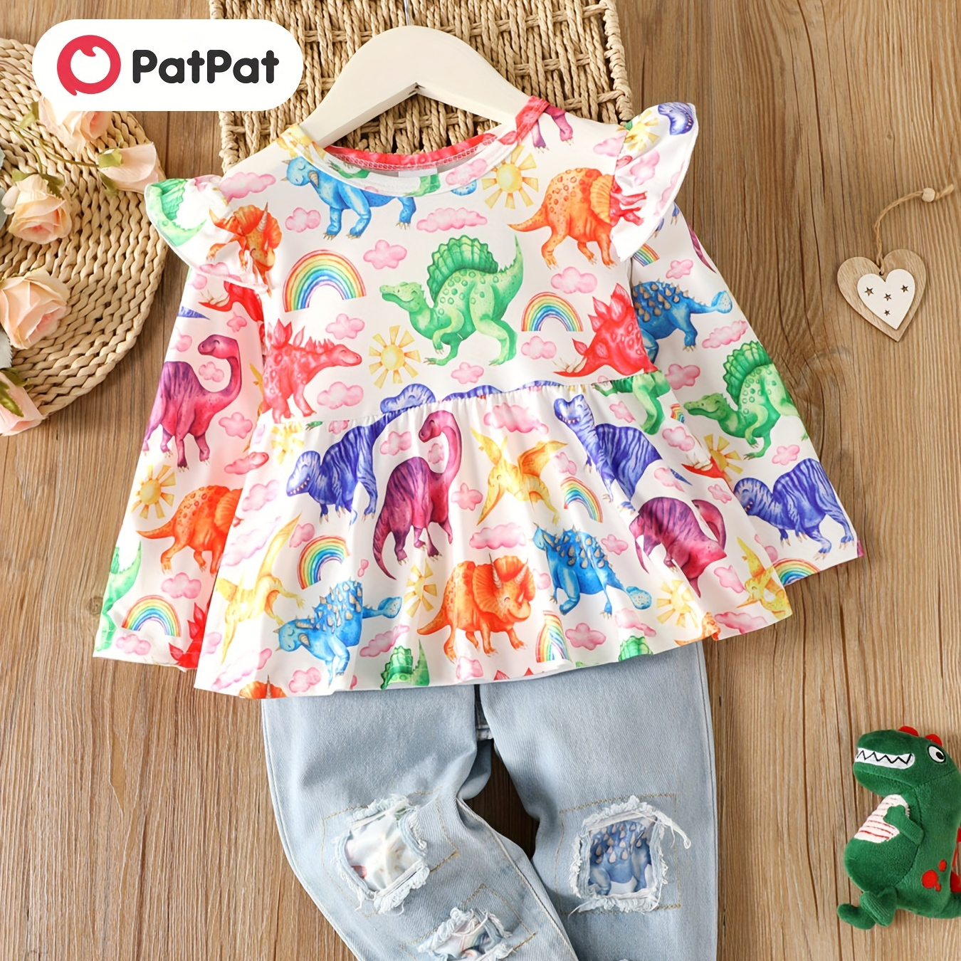 

Patpat 2pcs Toddler Girl Playful Patchwork Ripped Denim Jeans And Dinosaur Print Top Set, Kid's Clothes For Spring Autumn