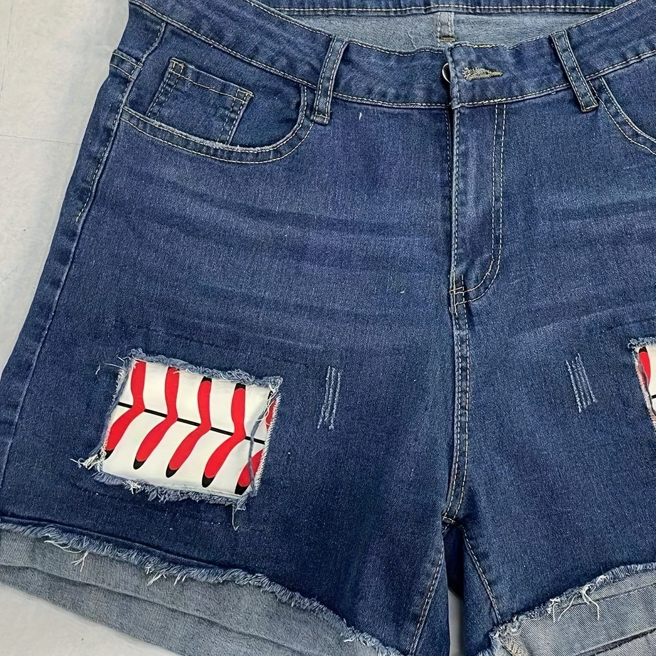 

Women's Retro Denim Shorts, Plus Size Ripped Cuffed Hem Floral Print Patchwork Zipper Button Closure Slash Pocket Denim Shorts