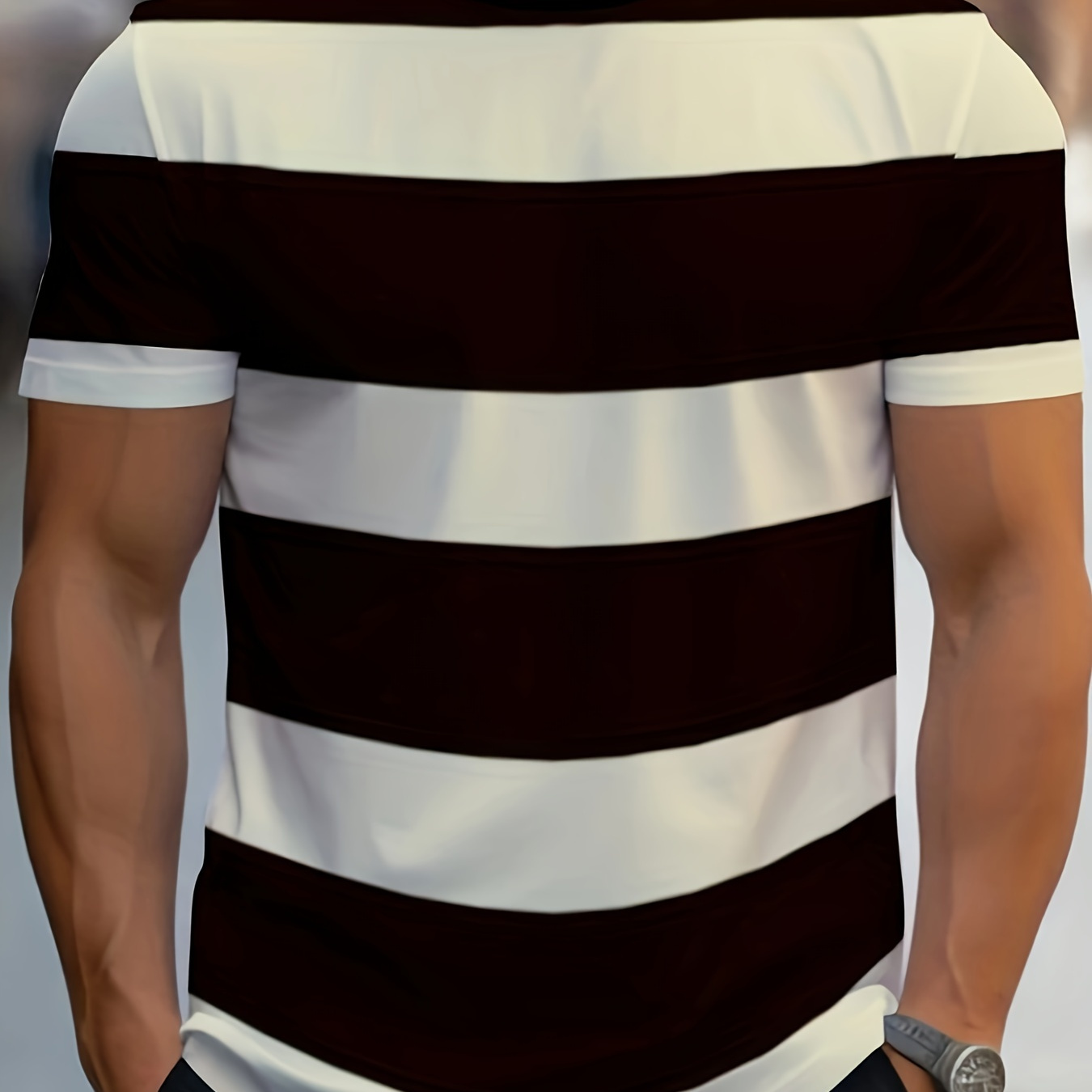 

Striped Men's Crew Neck Fashionable Short Sleeve Sports T-shirt, Comfortable And Versatile, For Summer And Spring, Athletic Style, Comfort Fit T-shirt, As Gifts