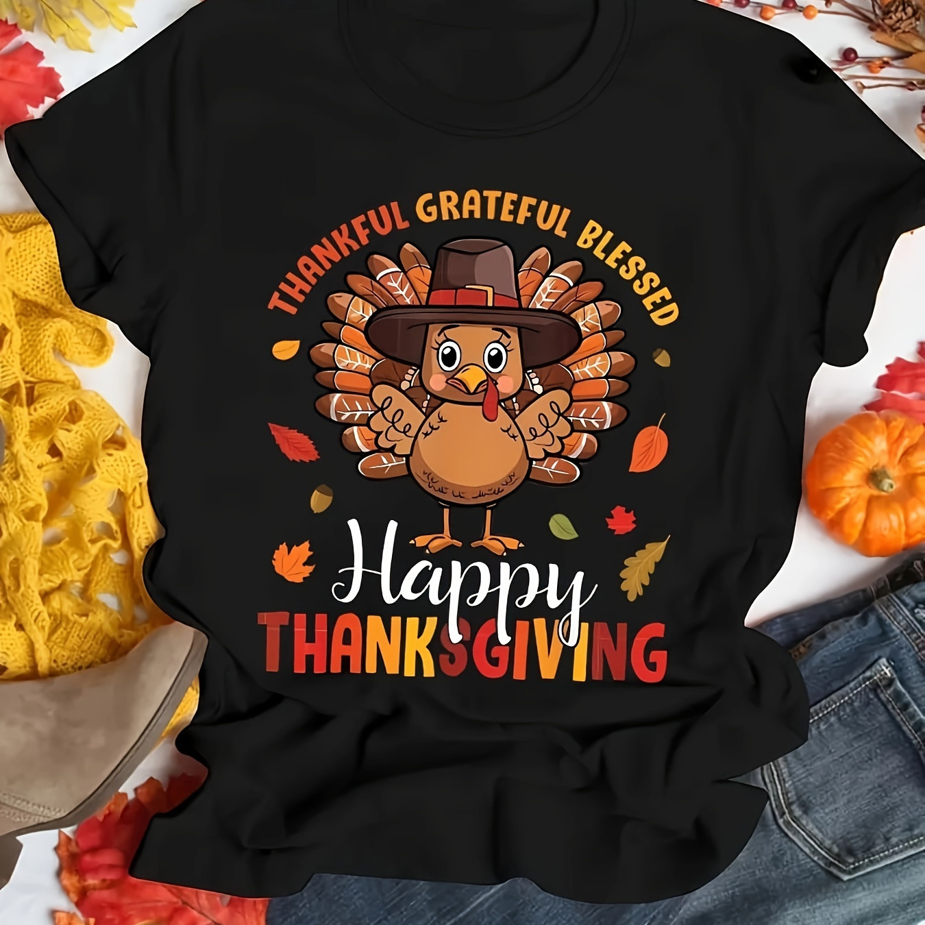 

Vibrant Cartoon Turkey & Letter Print+short Sleeve+round Neck T-shirt