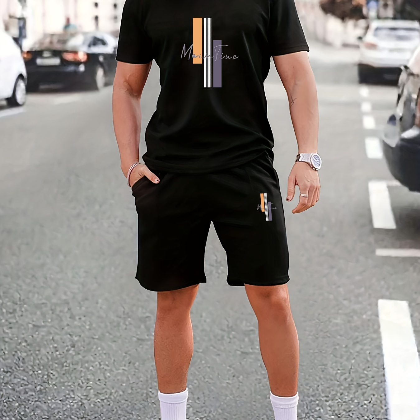 

2pcs Men's Geometric Graphic & Letter Print Short Sleeve Crew Neck T-shirts & Shorts Set, Comfy Slightly Stretch Casual Outfits, Men's Clothings