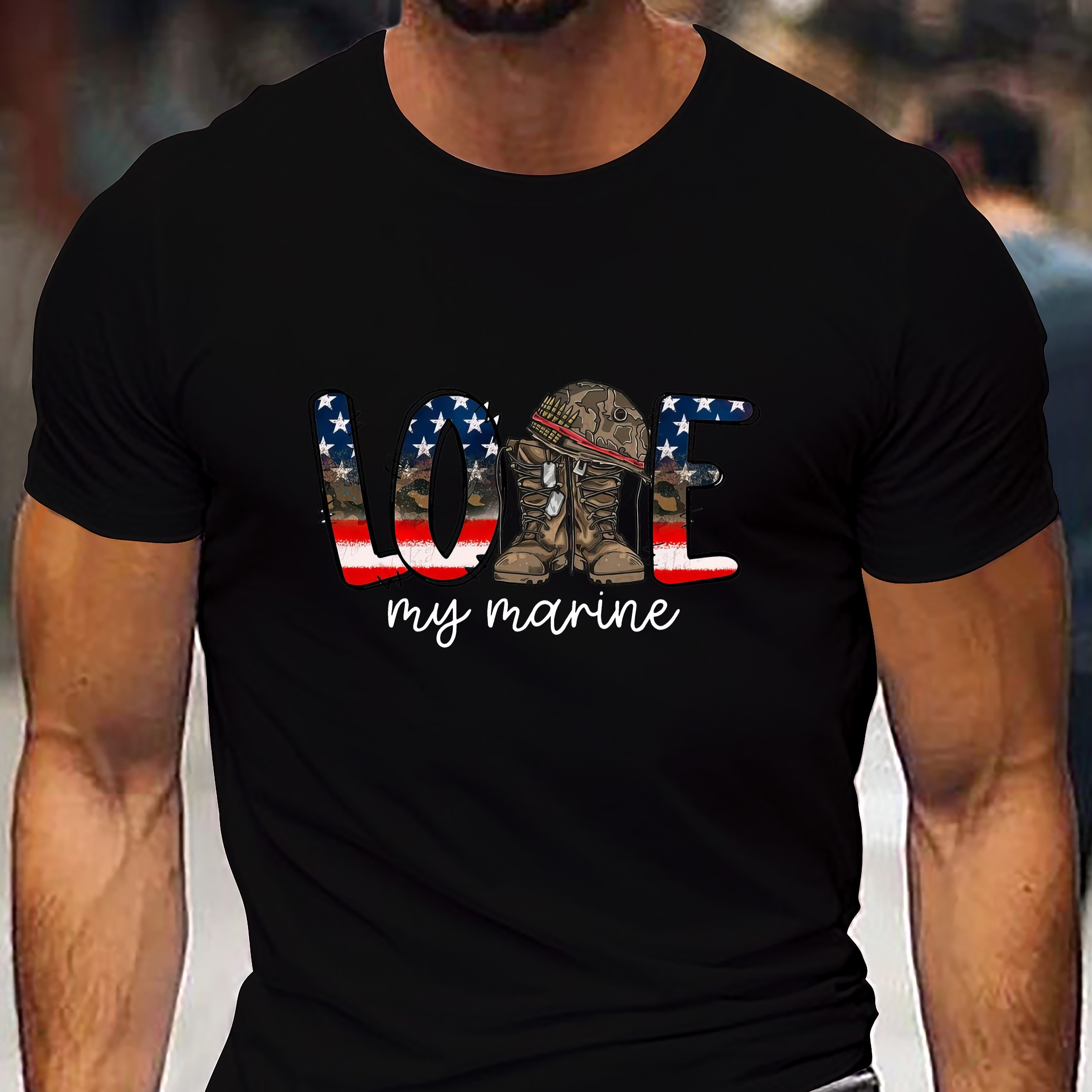 

Love My Marine Creative Print Men's Short Sleeve T-shirt, Casual Round Neck Top, Versatile And Comfortable Tee, Spring& Summer Collection