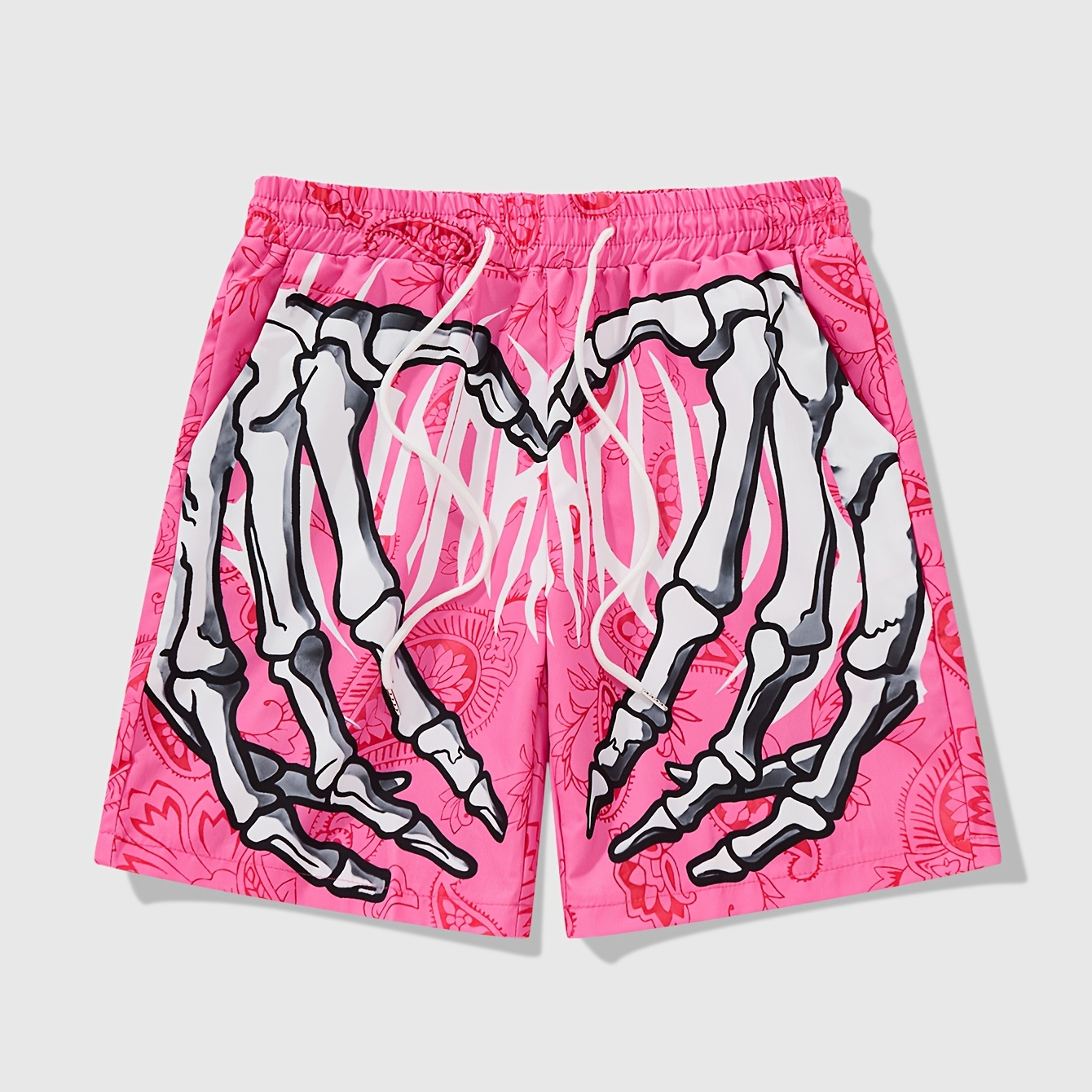 

Men's Trendy Hawaiian Graphic Shorts With Drawstring And Fancy Skeleton Print For , Pool And Resort