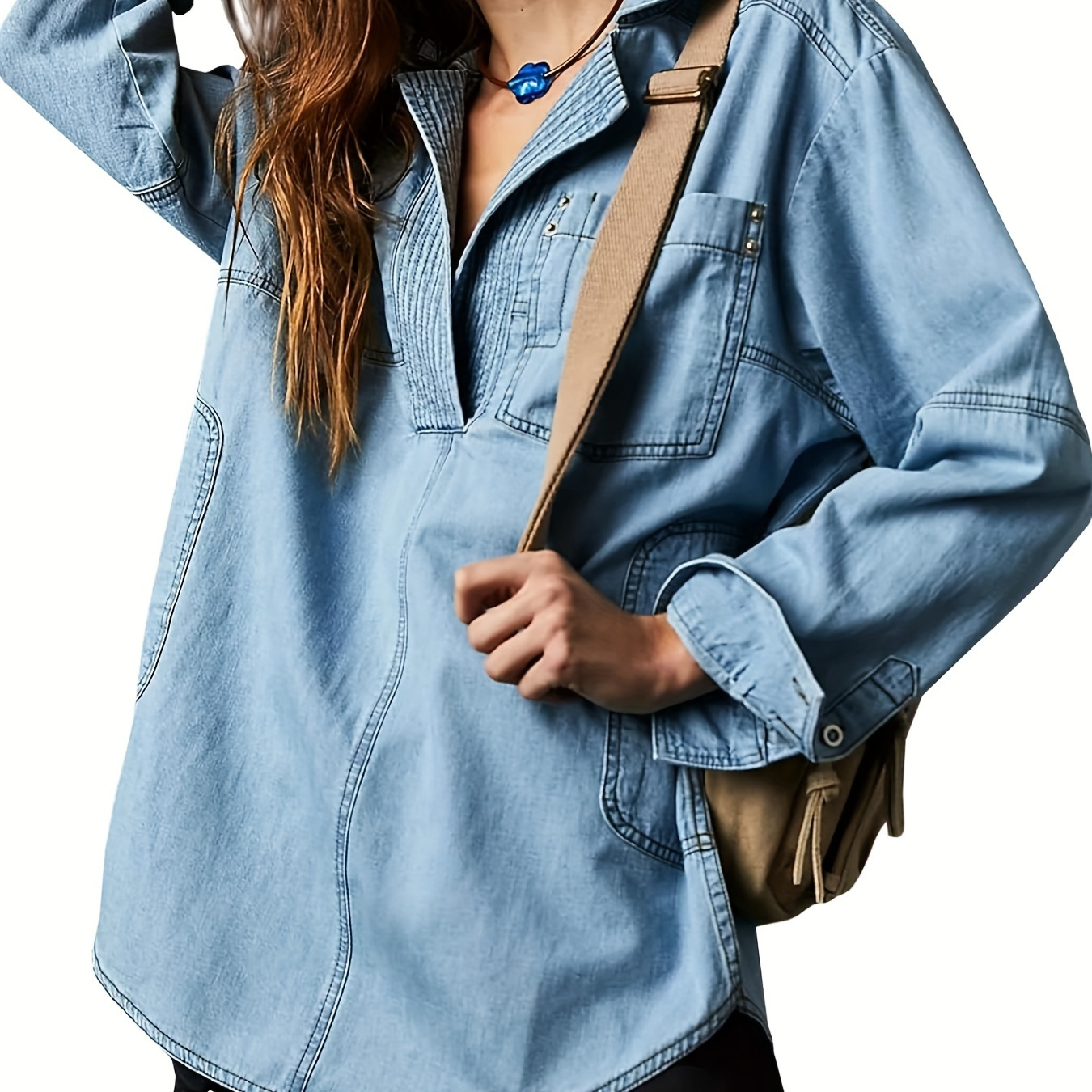 

Women's Oversized Denim Jacket, Vintage Style, Light Blue, Casual Jean Outerwear With Front Pockets
