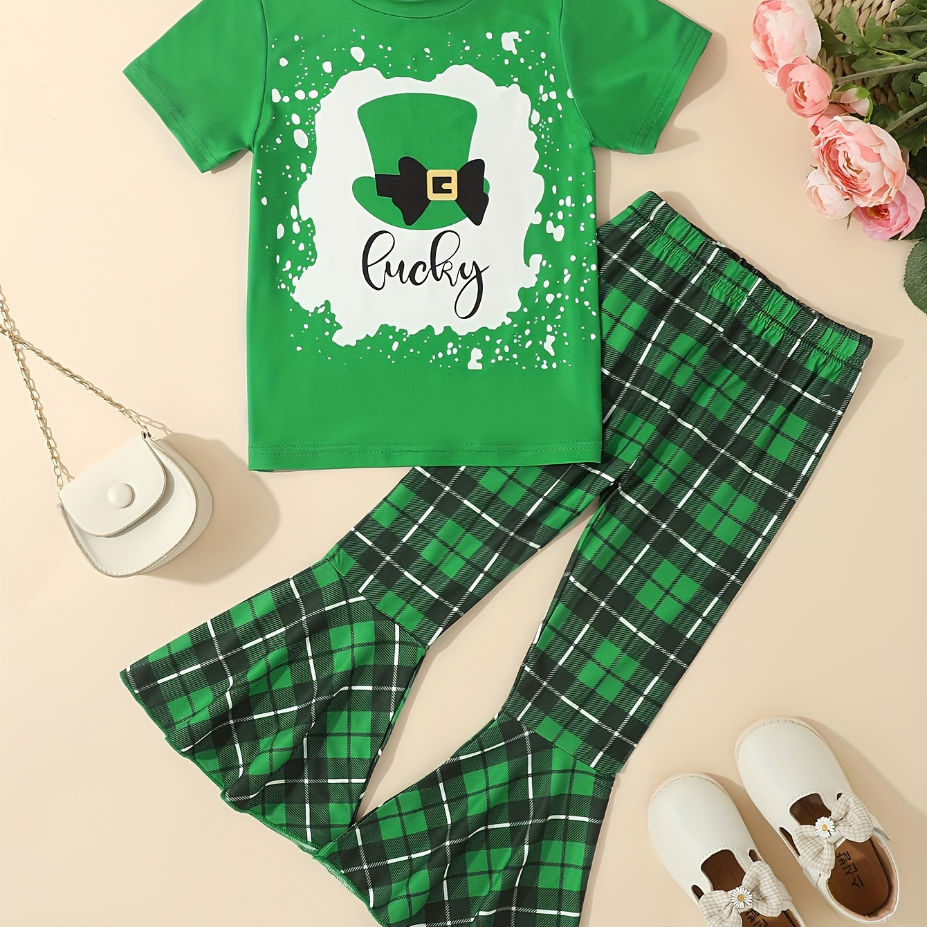 

2pcs Girls Lucky Print T-shirt Top + Plaid Flare Pants Set Summer Clothes St. Patrick's Day