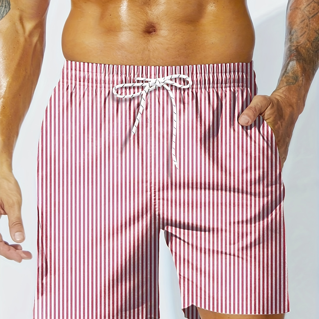 

Men's Contrast Color Stripe Pattern Board Shorts With Drawstring And Pockets, Classic And Chic Shorts For Summer Beach Party And Holiday Wear