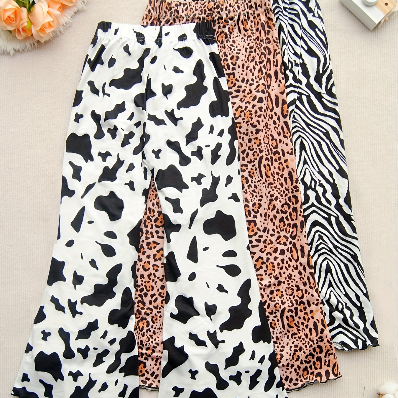 3 Packs Trendy Girls' Leopard Print Flare Pants Elastic Waist, Cute & Fashionable Leggings For Spring / Autumn, Party, Gift