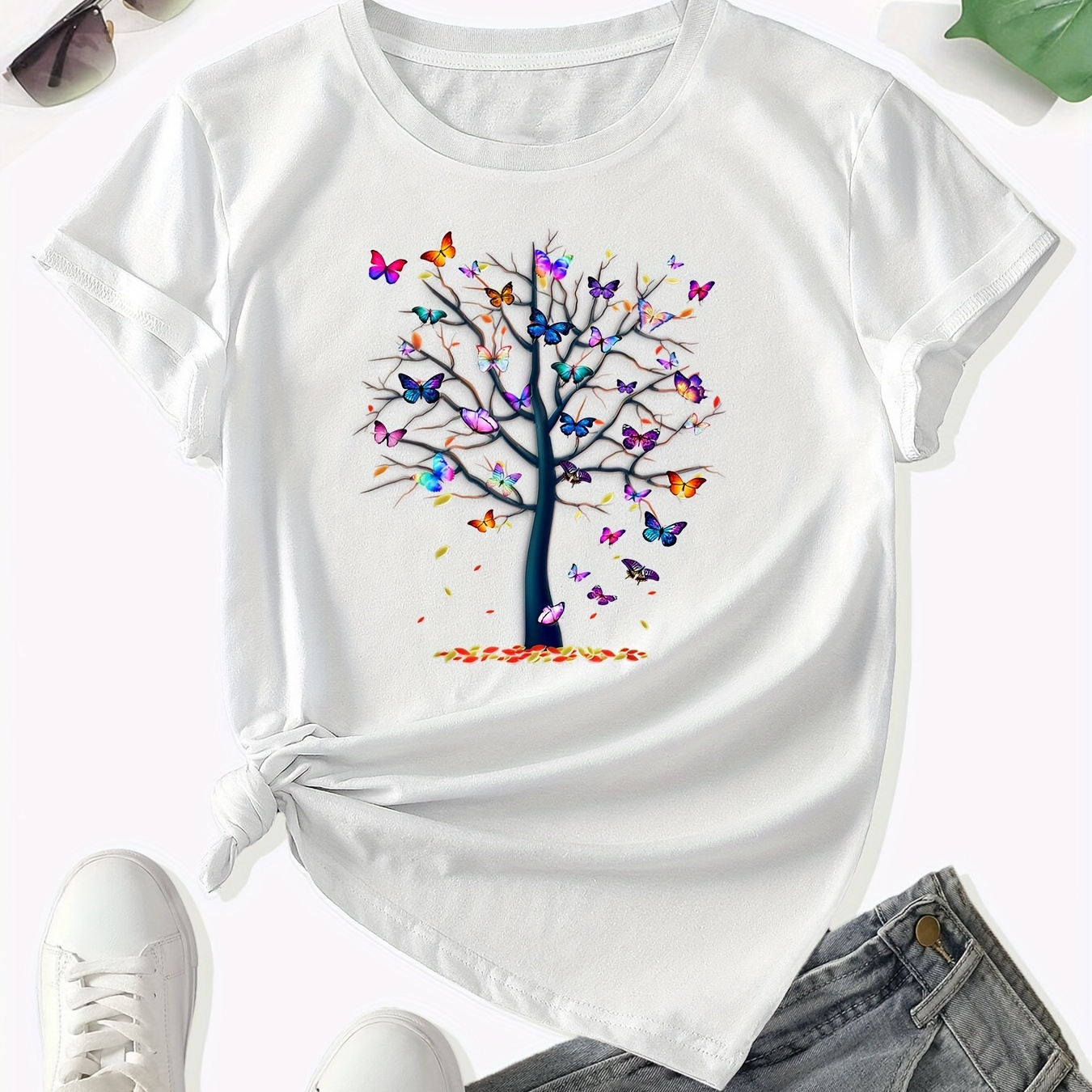 

Butterfly Tree Print Crew Neck T-shirt, Casual Short Sleeve T-shirt For Spring & Summer, Women's Clothing