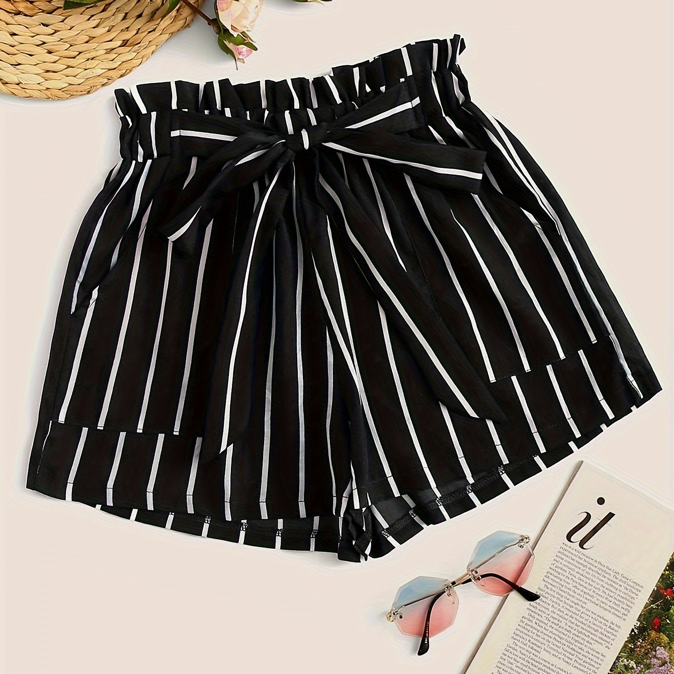 

Striped Print Lace Up Shorts, Elegant Paper Bag Waist Shorts For Spring & Summer, Women's Clothing