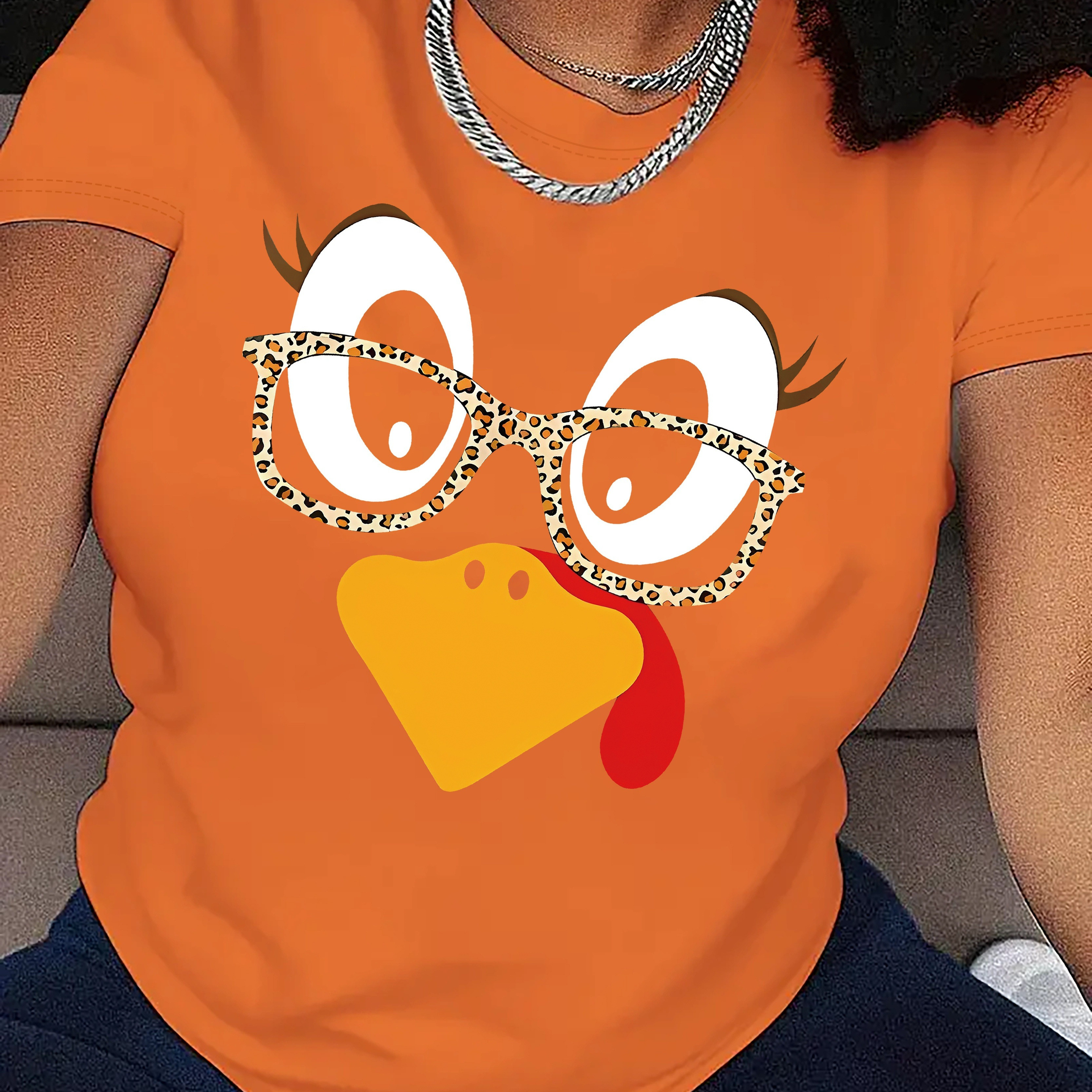 

Thanksgiving Turkey Print T-shirt, Short Sleeve Crew Neck Casual Top For Summer & Spring, Women's Clothing