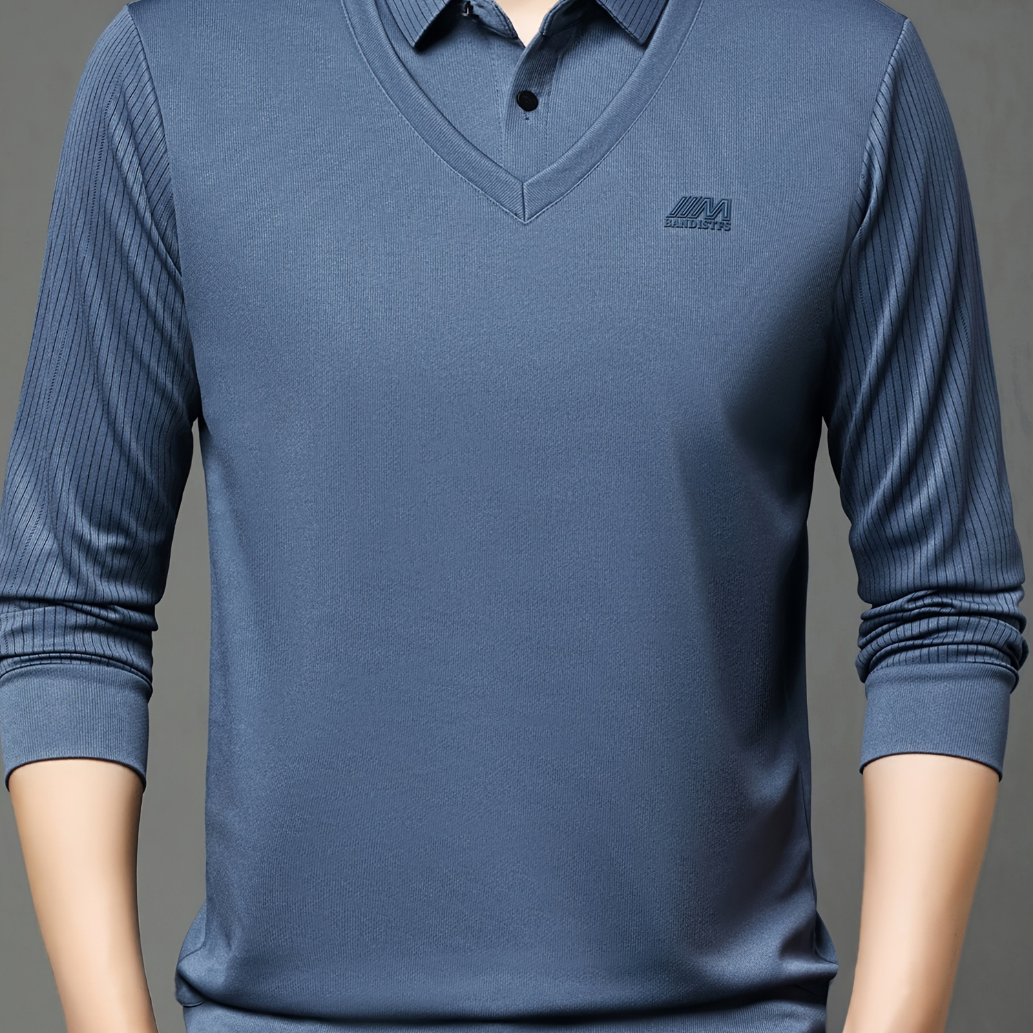 

Men's Striped Fake Two-piece Golf Shirt, Casual Long Sleeve Lapel Shirt For Outdoor