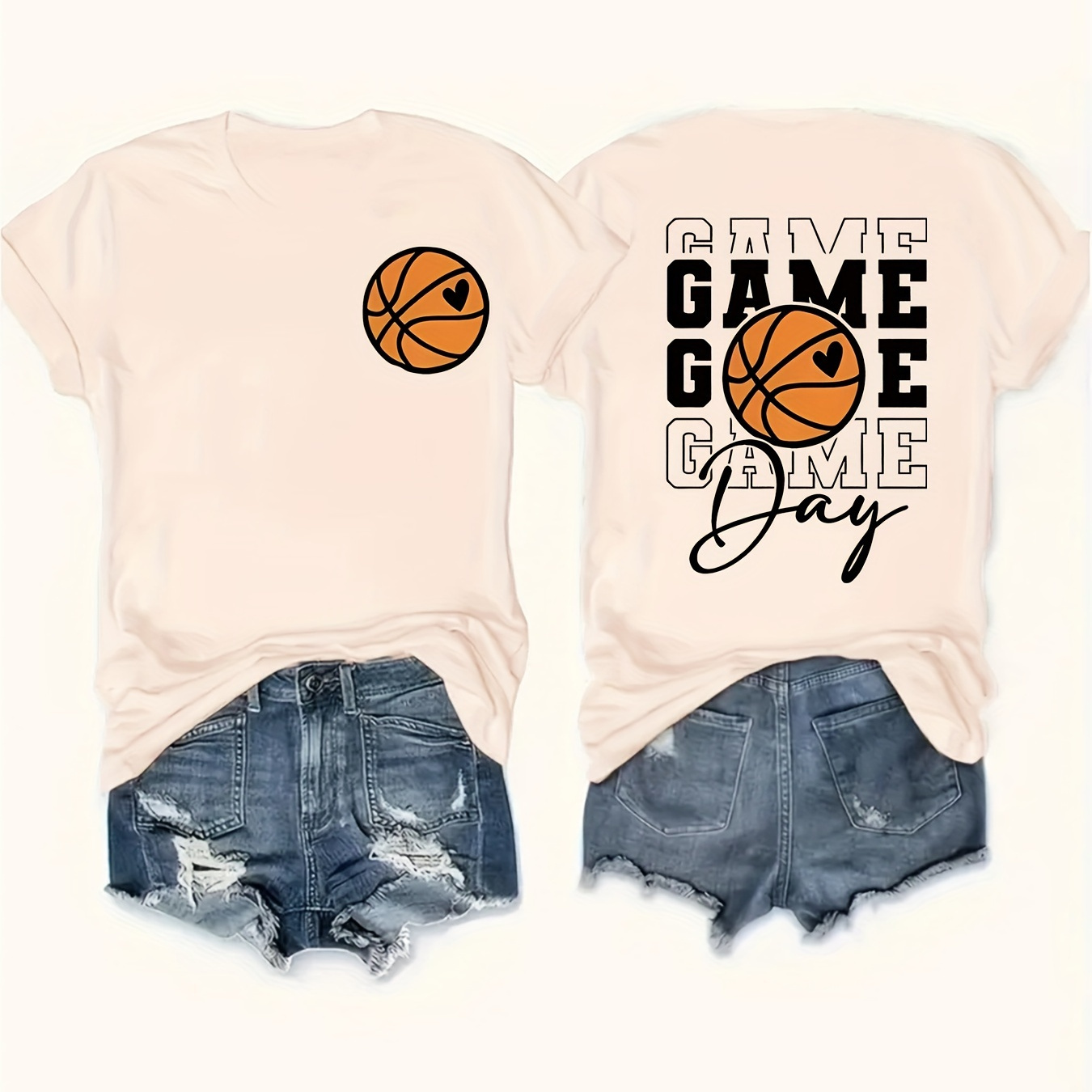 

Basketball Print Crew Neck T-shirt, Short Sleeve Casual Top For Summer & Spring, Women's Clothing