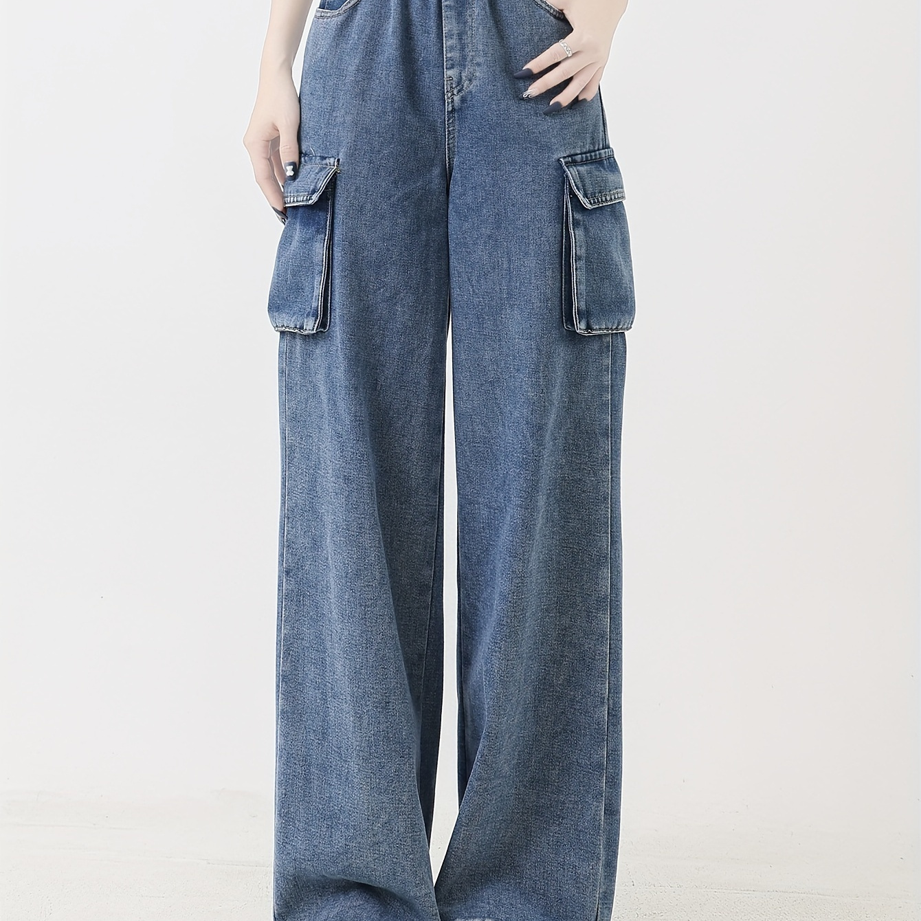 

Girls Vintage Cargo Jeans, Casual Style, Multiple Pockets, Straight Leg, Solid Color, Washed Denim Cotton Pants