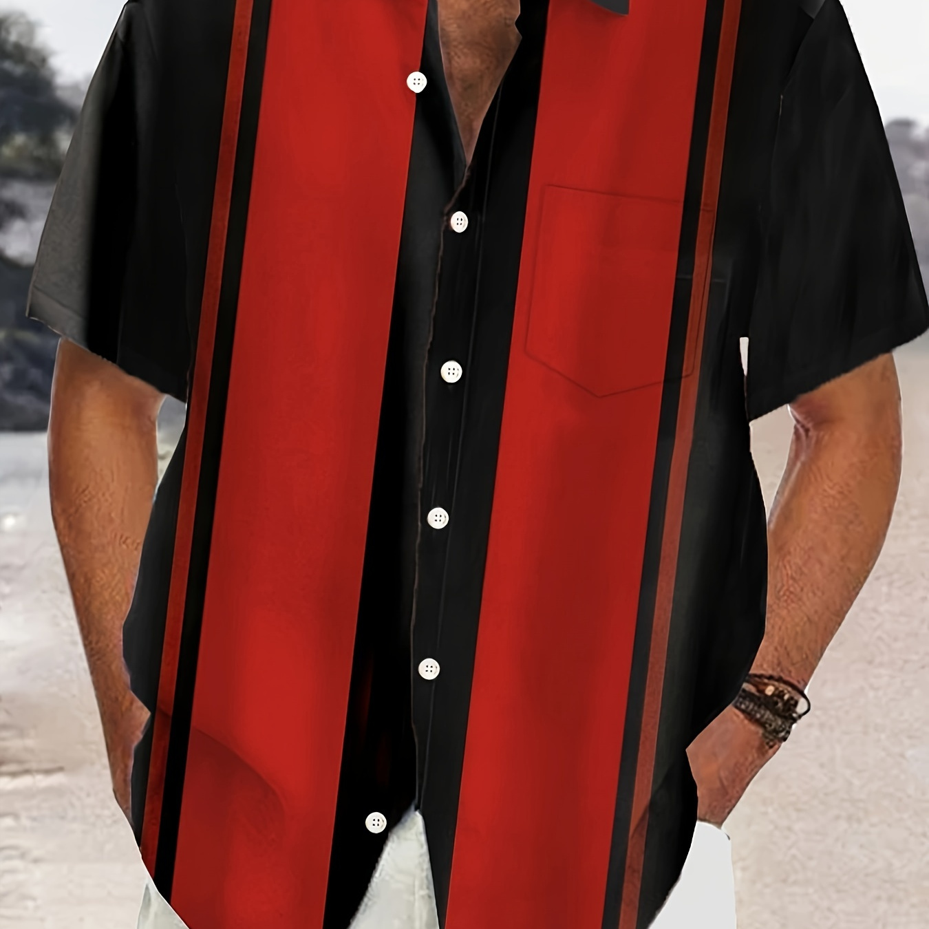 

Vintage Color Block Men's Short Sleeve Button Down Shirt, Summer Bowling Shirt With Chest Pocket For Men