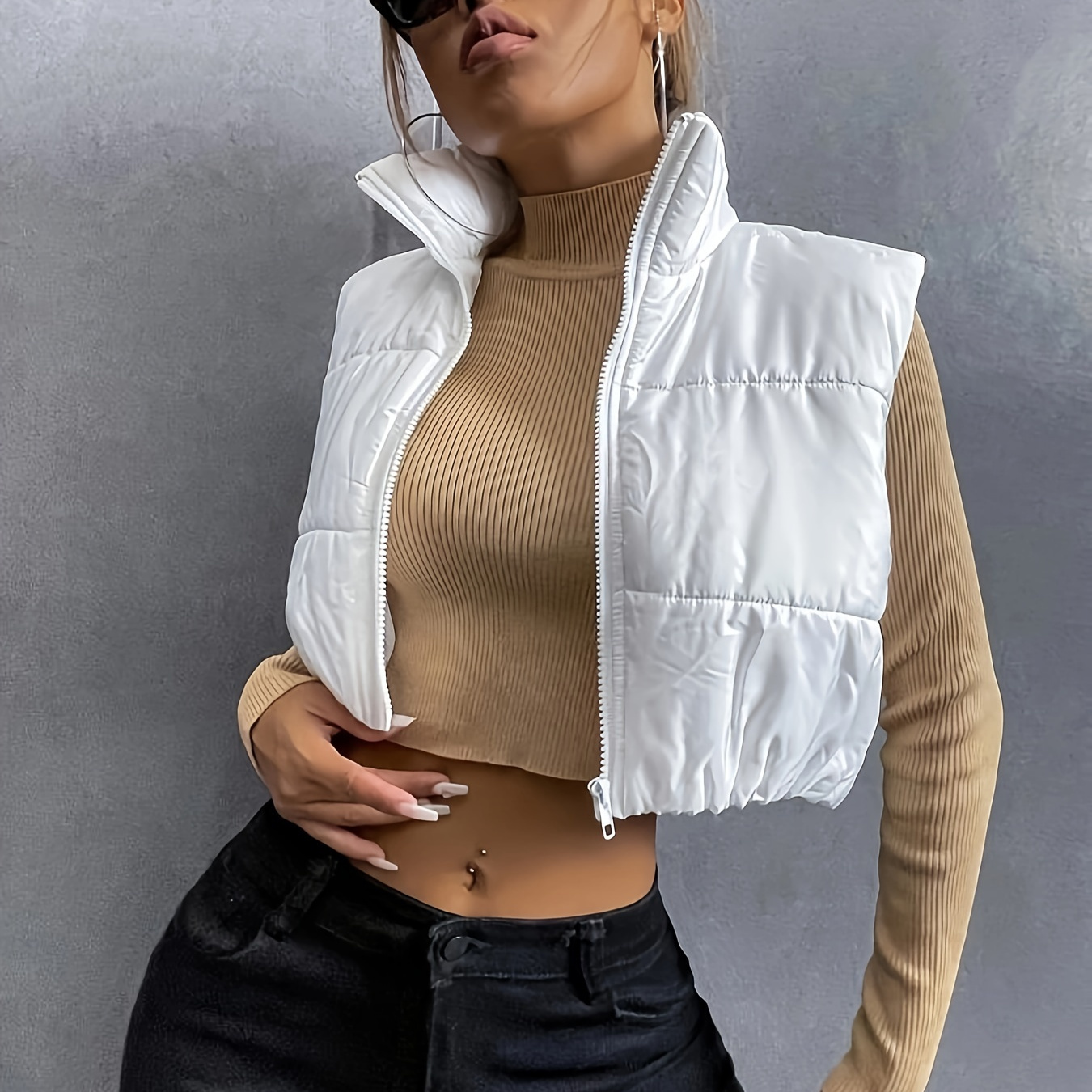 

Zipper Solid Vest, Casual Sleeveless Vest For Fall, Women's Clothing