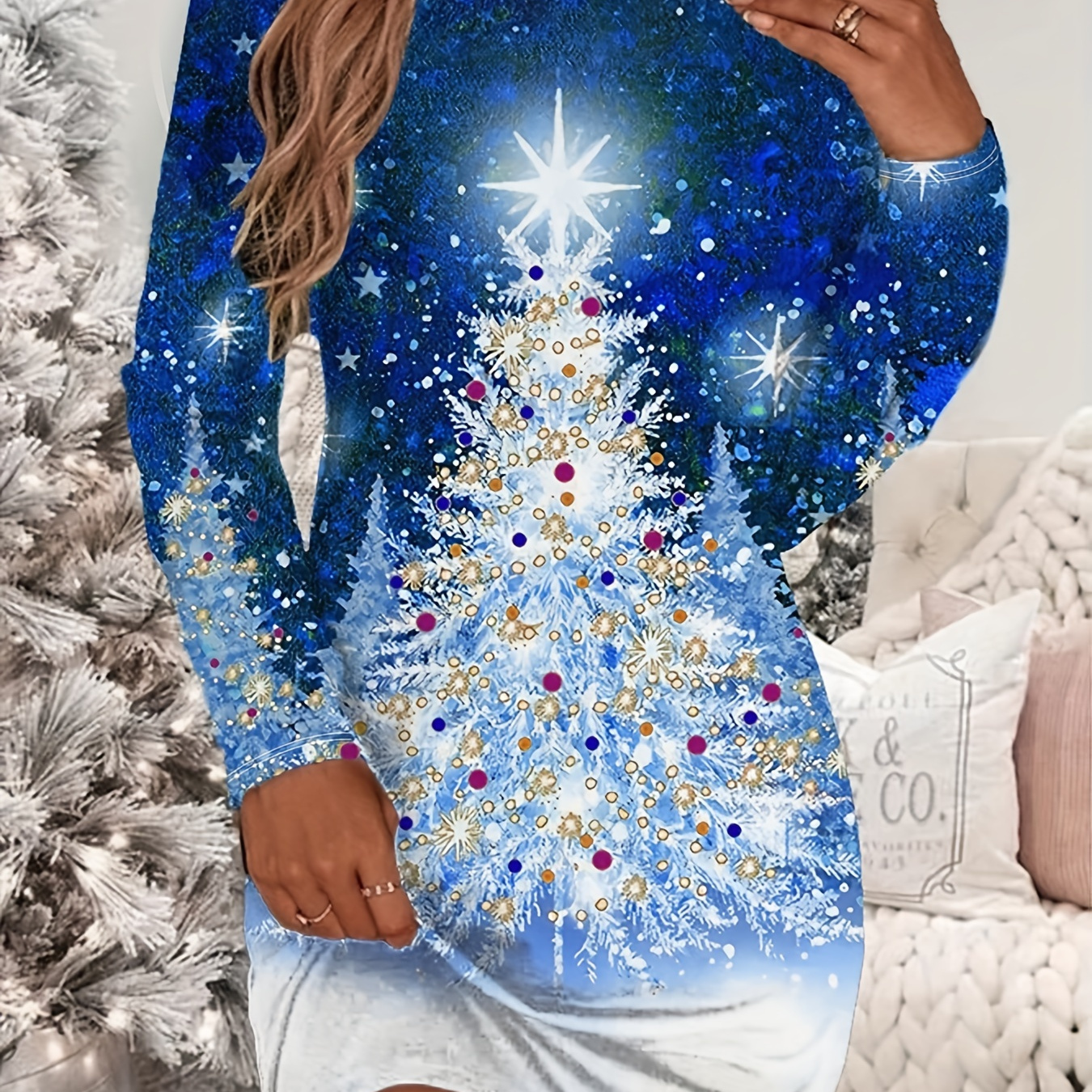 

Christmas Tree Print Crew Neck T-shirt, Casual Long Sleeve Top For Spring & Fall, Women's Clothing