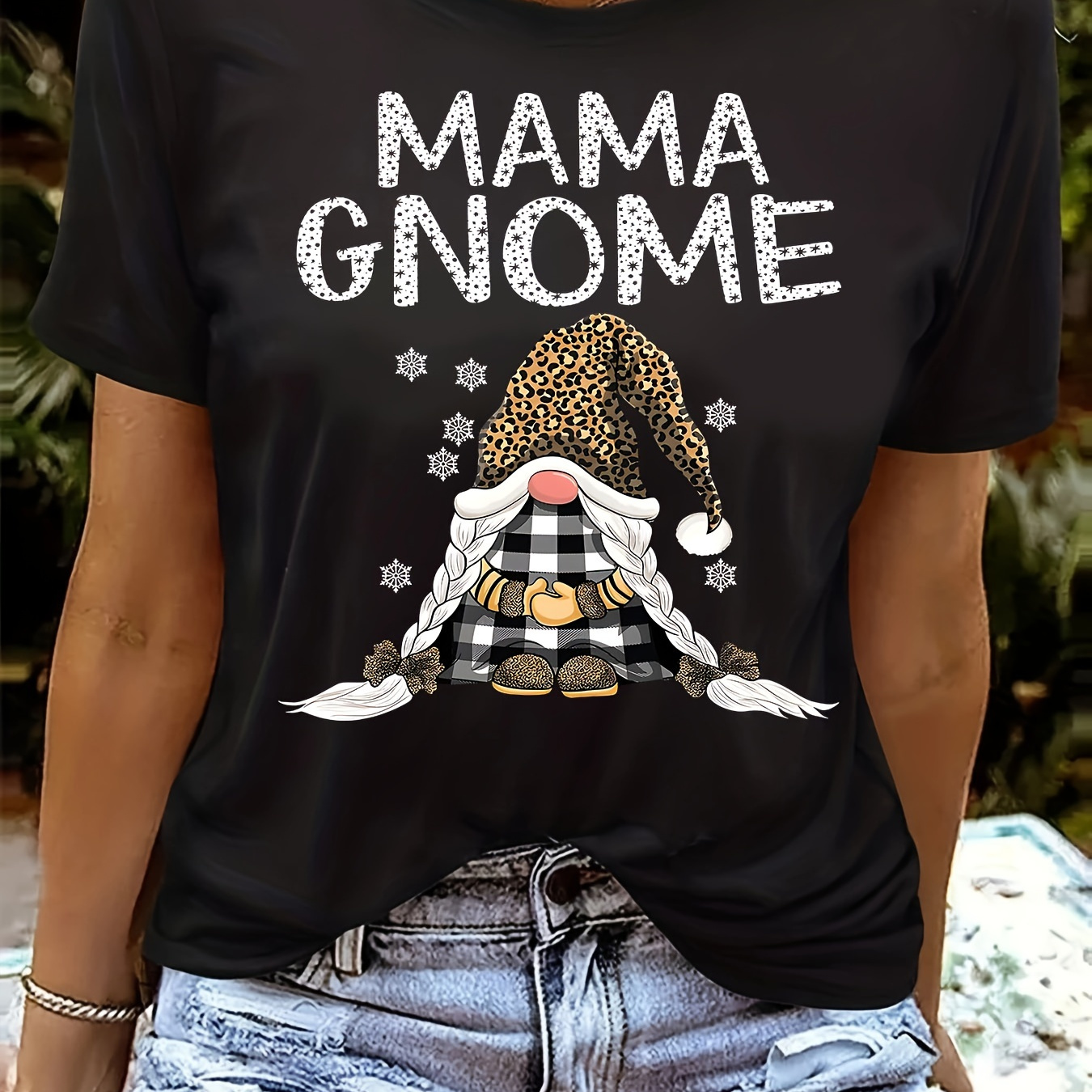 

Letter & Gnome Print T-shirt, Casual Short Sleeve Crew Neck Top, Women's Clothing