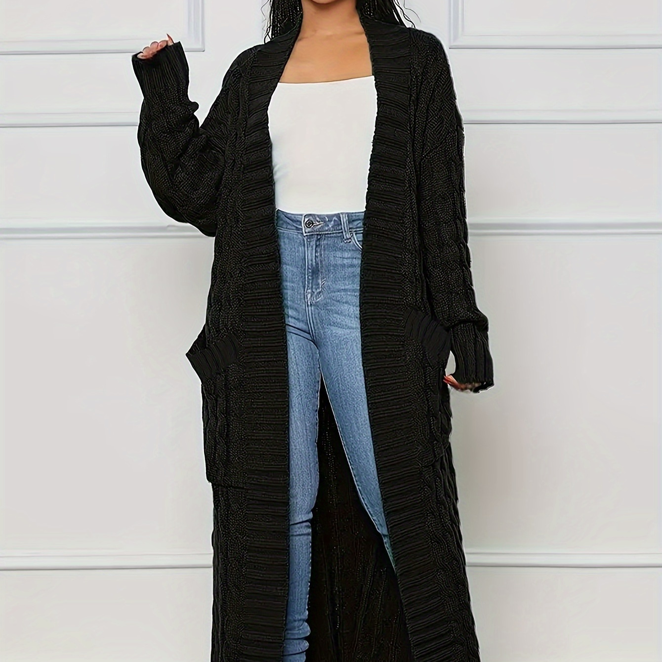 

Plus Size Pocket Cable Knit Cardigan, Casual Long Sleeve Open Front Cardigan, Women's Plus Size Clothing