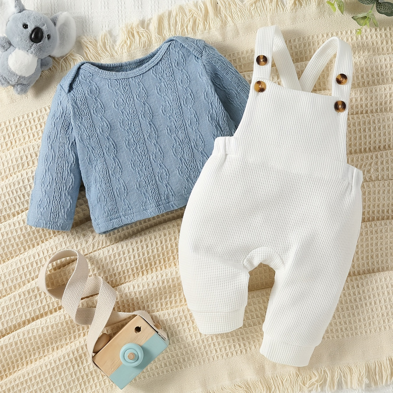 

2pcs Baby Boys Knit Jacquard Top And Waffle Texture Overalls Set, Comfortable Infant Outfit With Adjustable Straps