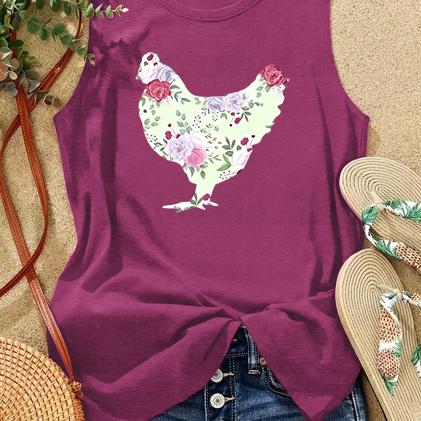 

Chicken Print Crew Neck Tank Top, Sleeveless Casual Top For Summer & Spring, Women's Clothing