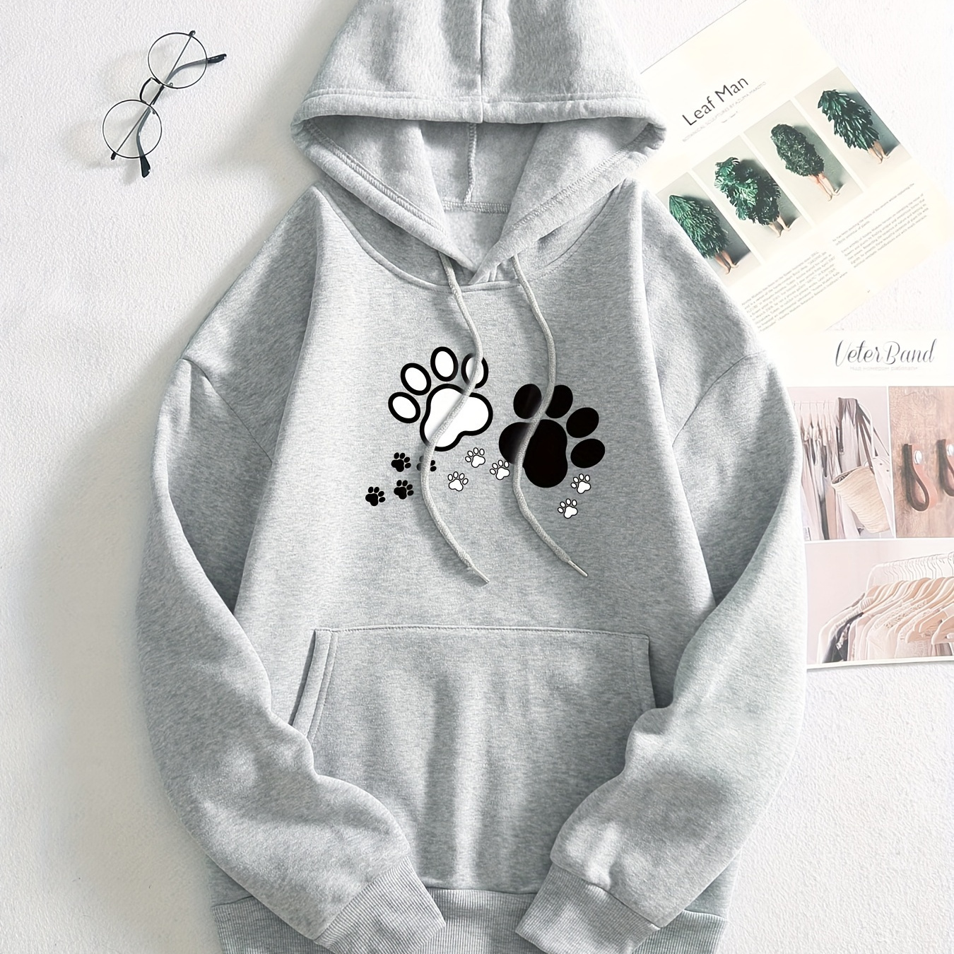 

Paw Print Hoodie, Drawstring Casual Hooded Sweatshirt For Winter & Fall, Women's Clothing