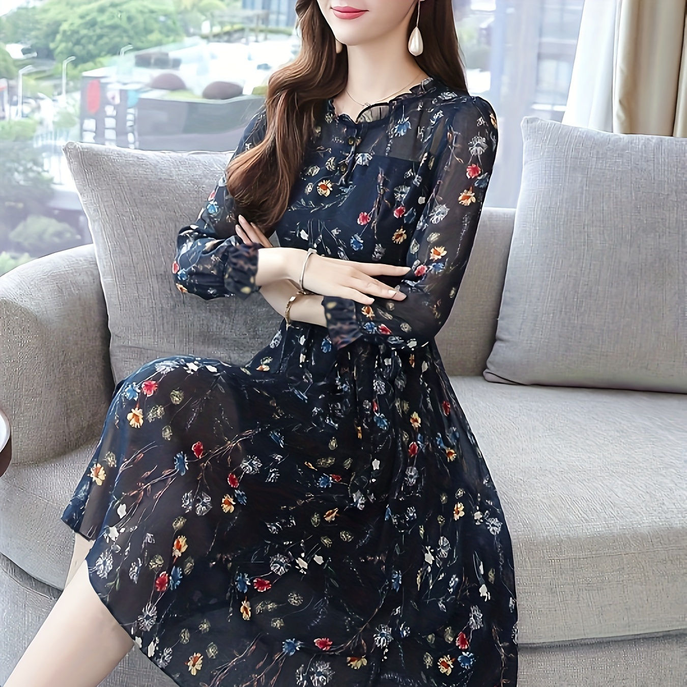 

Women's Floral Print A-line Dress With Tie Waist And Sheer Sleeves, 100% Polyester Crew Neck Swing Dress For All , Woven Fabric With