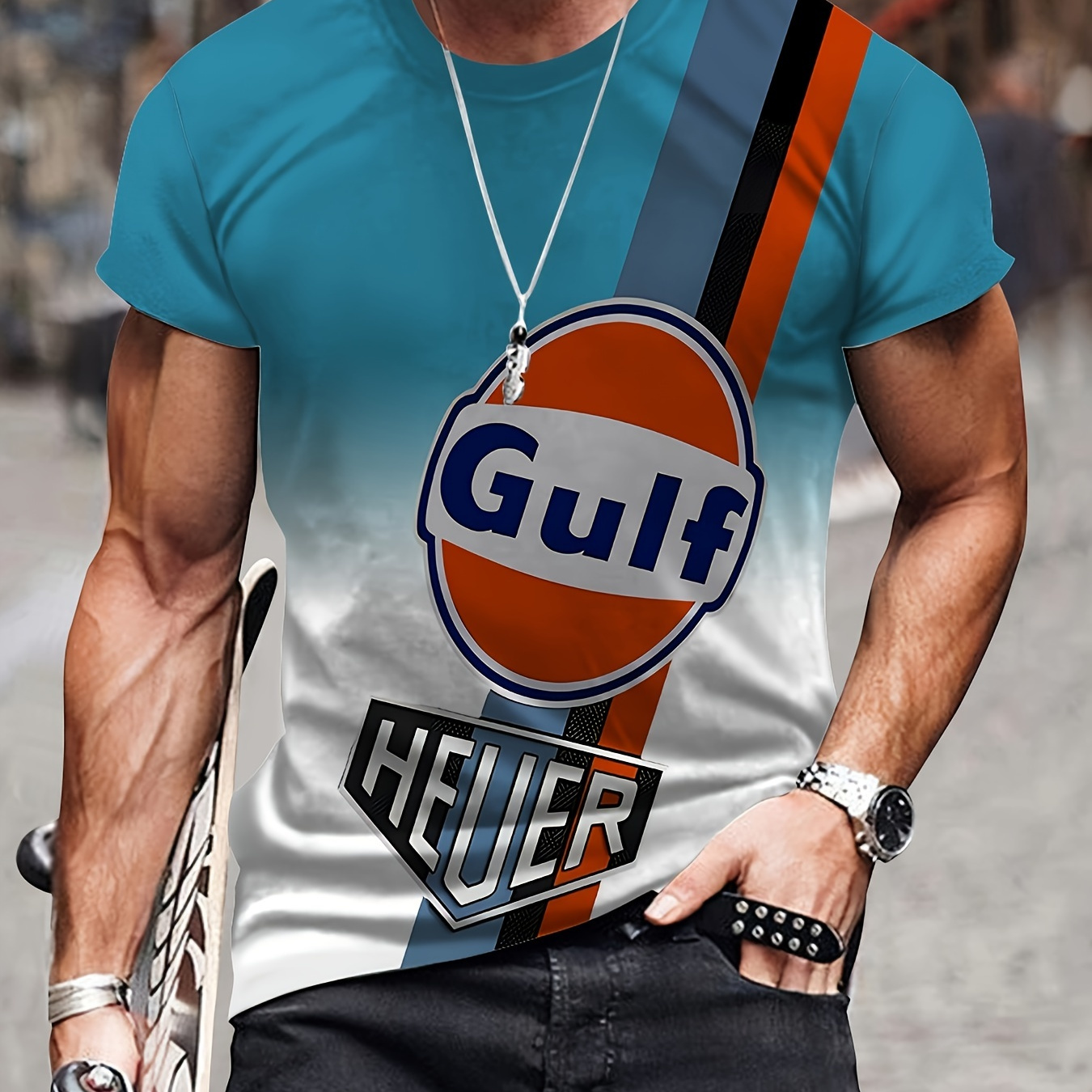 

Gulf Alphabet Print Crew Neck Short Sleeve T-shirt For Men, Casual Summer T-shirt For Daily Wear And Vacation Resorts