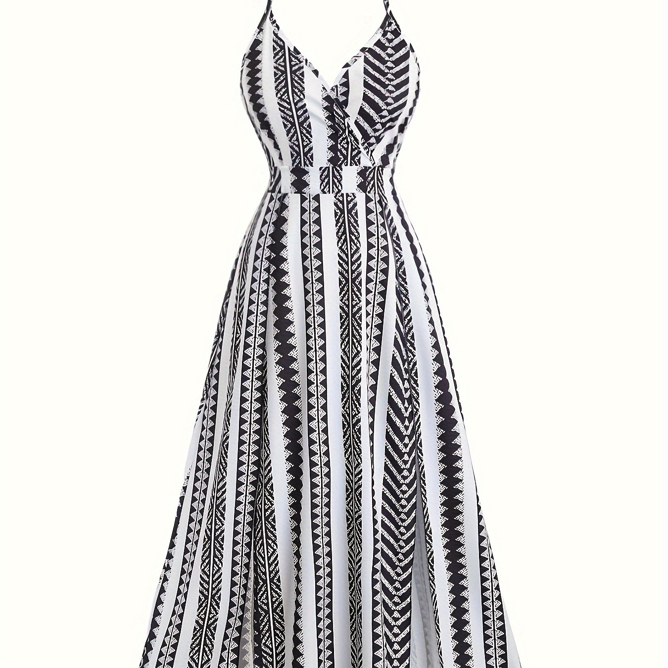 

Striped Pattern V-neck Halter Dress, Elegant Backless Aline Dress For Spring & Summer, Women's Clothing