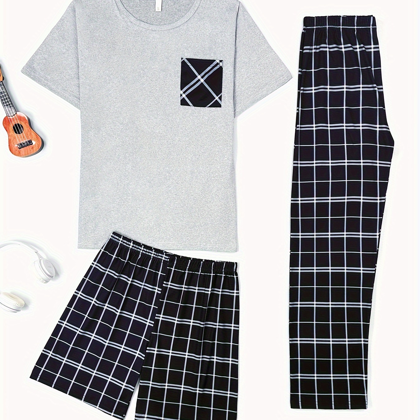 

Men's Casual Plaid Sleepwear Set, 3-piece Comfortable Polyester Loungewear With Crew Neck T-shirt, Long Pants, And Shorts, Short Sleeve Pajama Sets With Slight Stretch, Knit Fabric - All Season