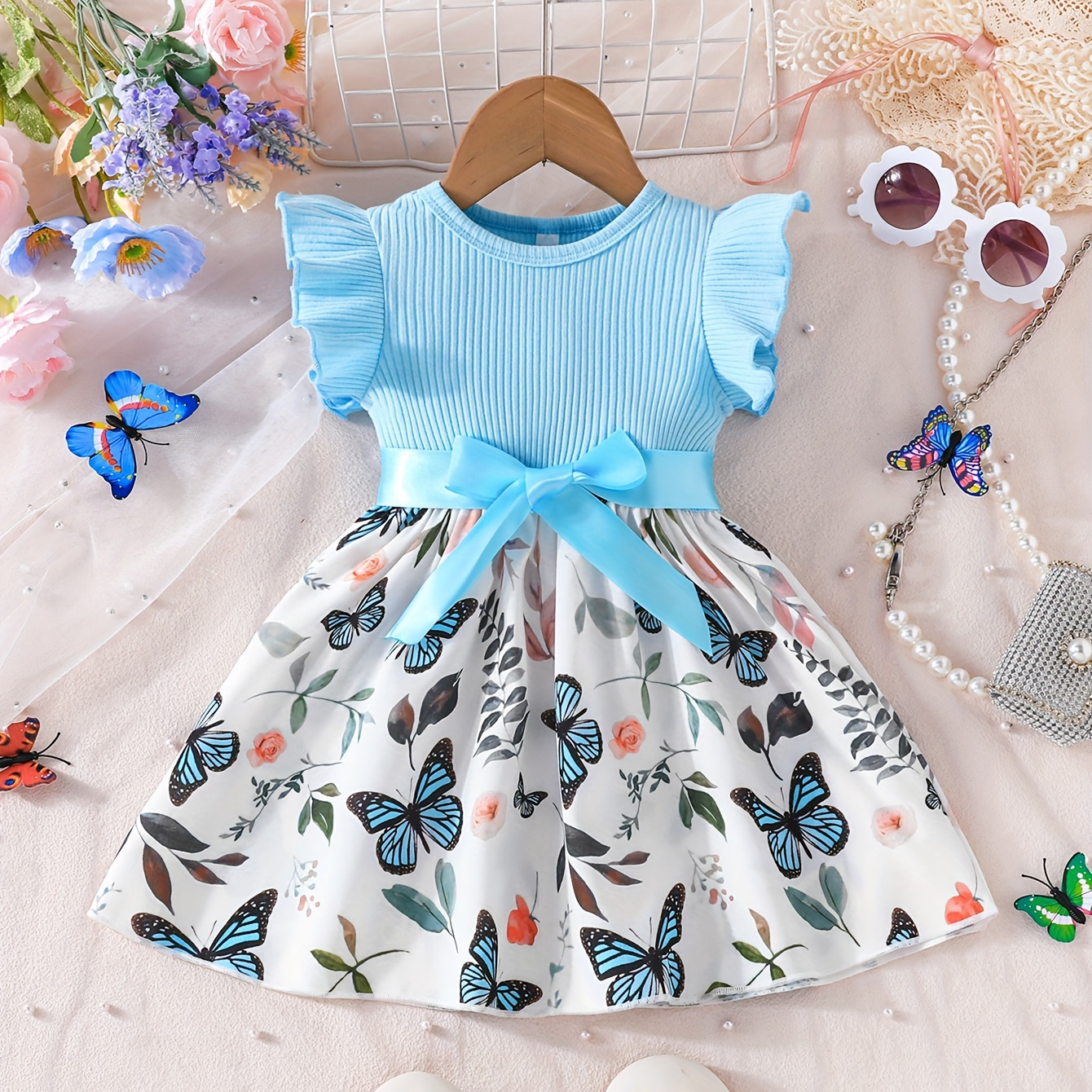 

Infant Baby Girls Temperament Elegant Summer New Explosive Rose Butterfly Pattern Printing Small Flying Sleeve Round Neck Dress With Hairband Combination Clothes