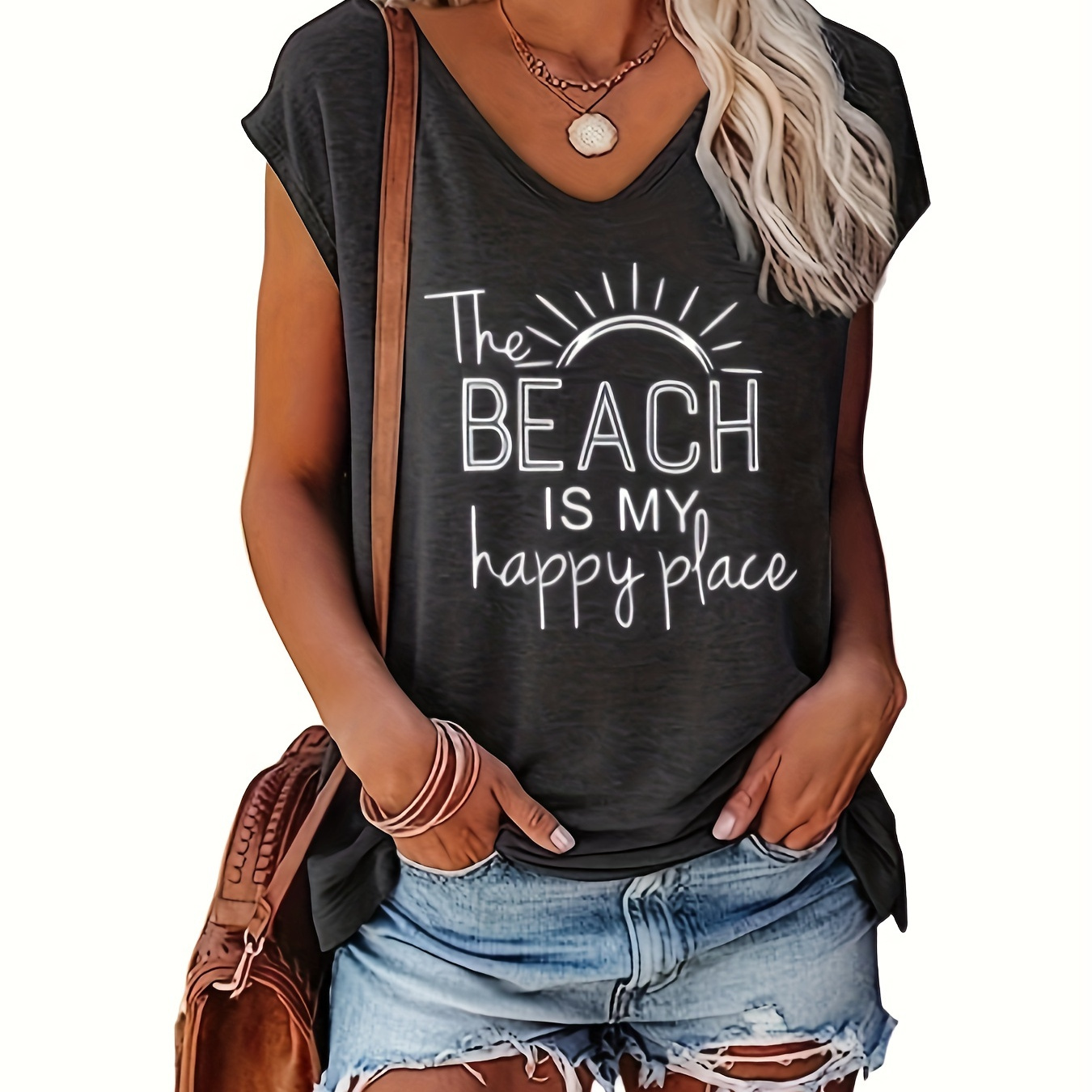 

T-shirt femme en V, "La PLAGE est mon endroit " Imprimé soleil, Polyester, Longueur régulière, Haut décontracté pour toutes les