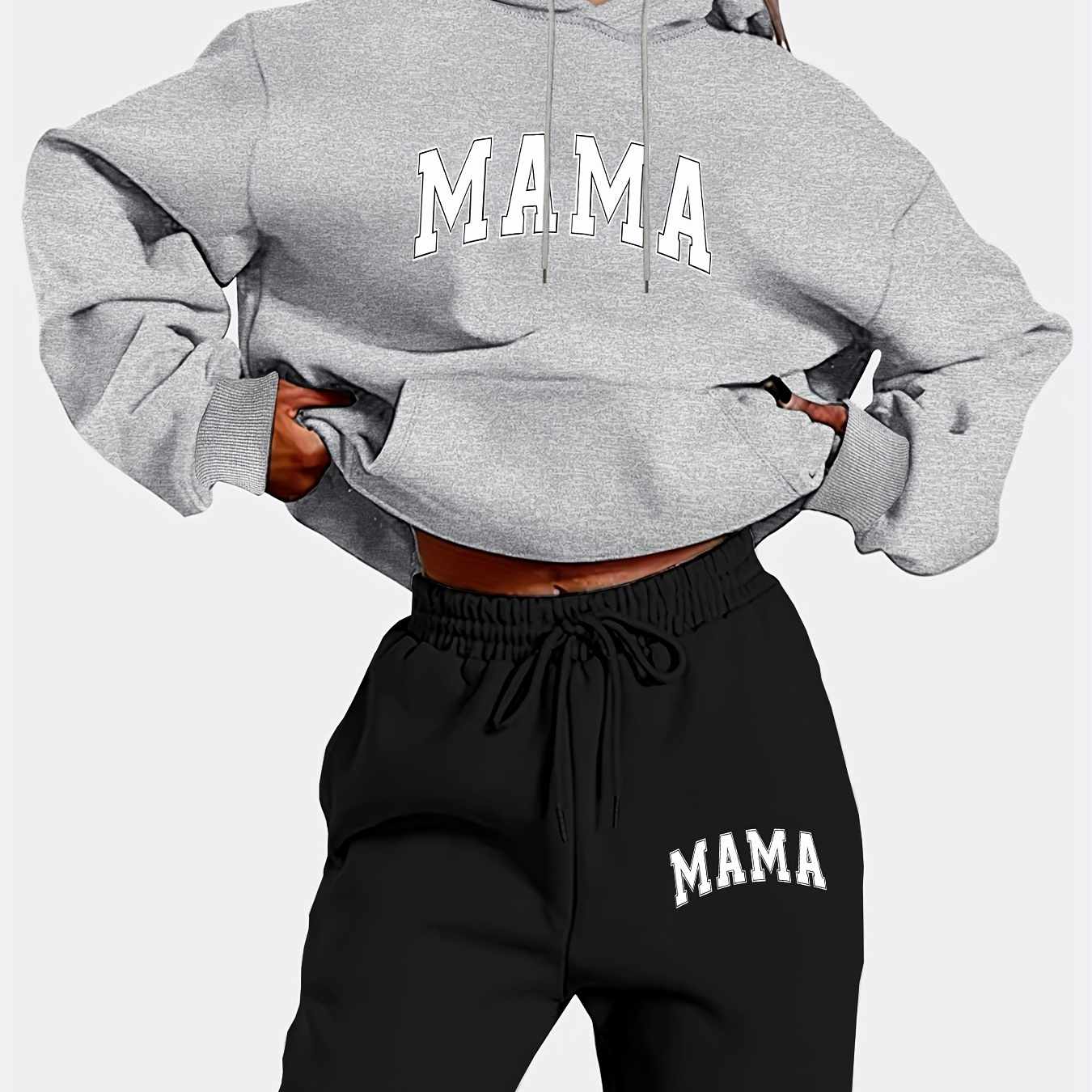 

2pcs Women's Plus Size Autumn Winter Sportswear Set, Long Sleeve Hoodie With Drawstring And Jogger Pants, Mama/ Letter Print, Polyester (100% Polyester)