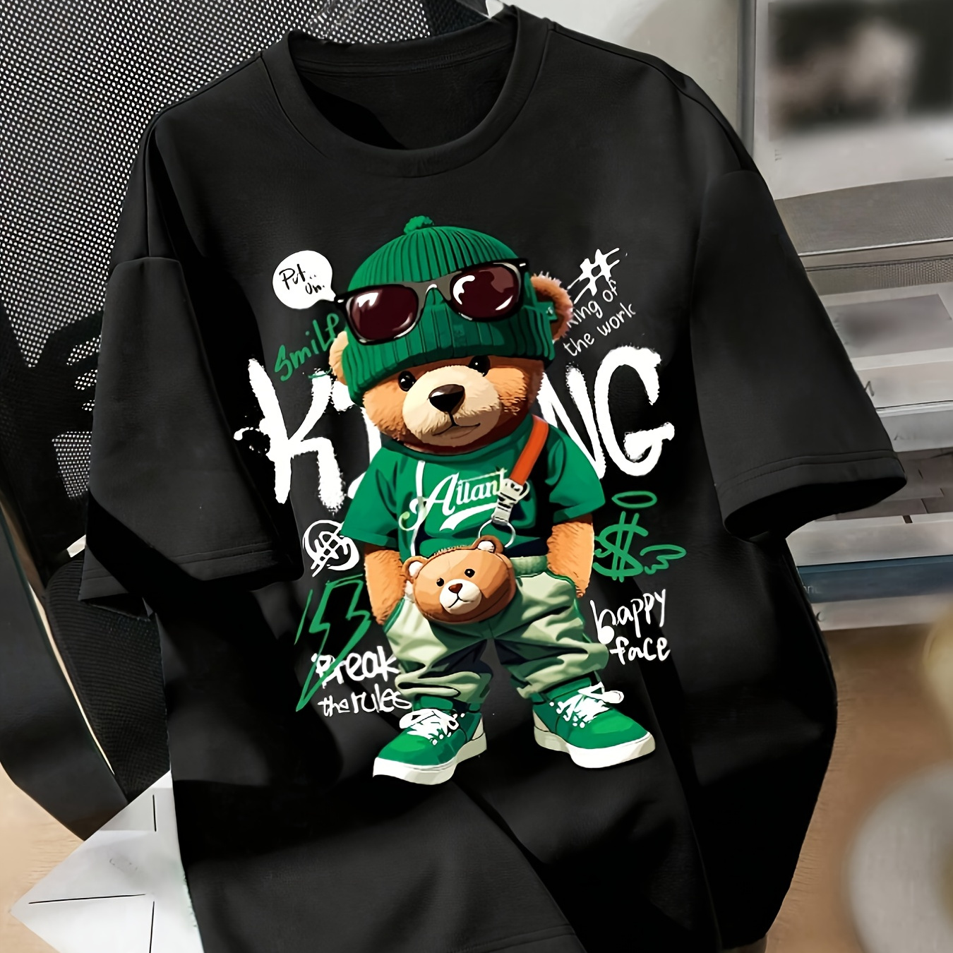 

Cartoon Bear Graphic Casual T-shirt, Polyester Crew Neck, Knit Fabric, Regular Length, For All