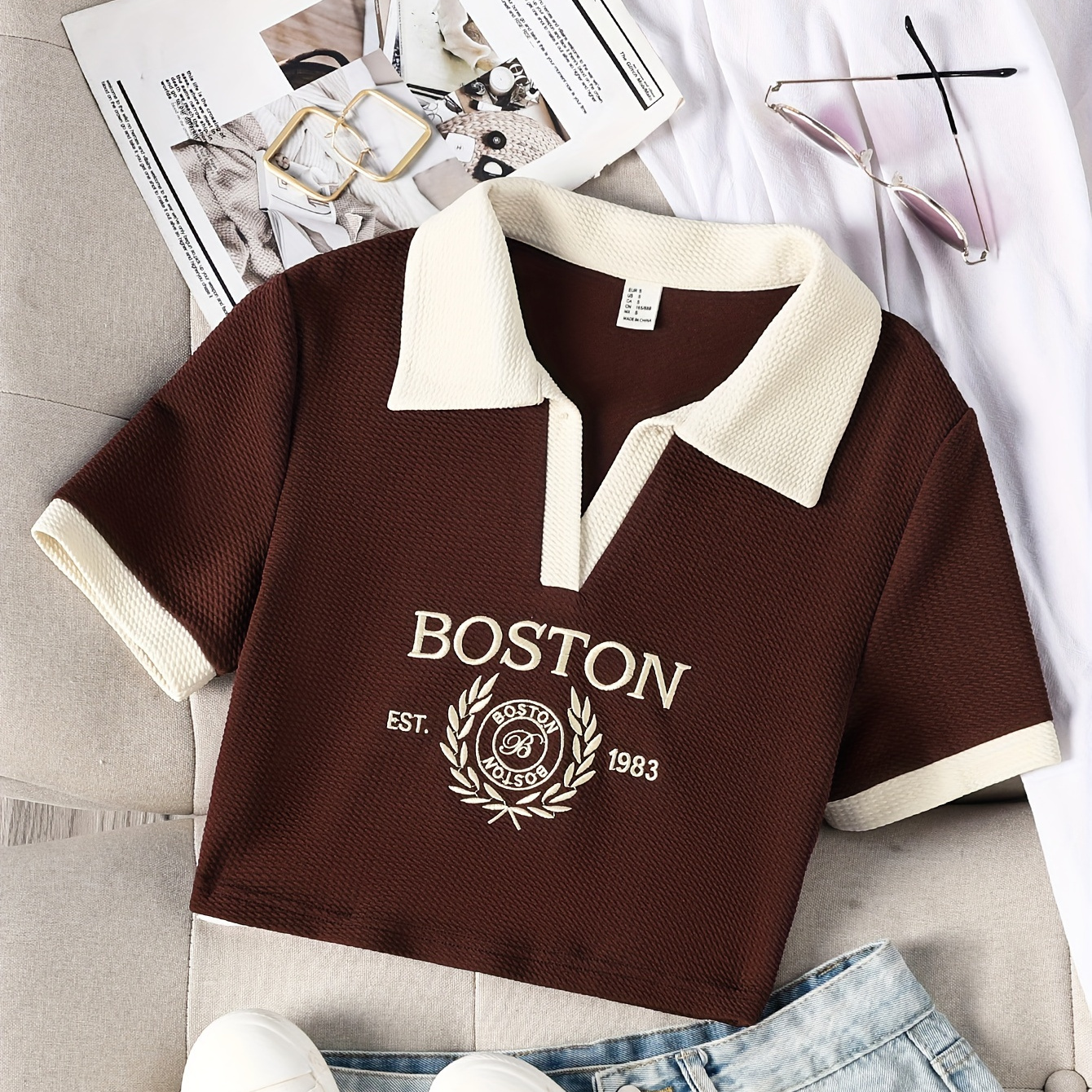 

Letter Embroidered Contrast Trim Crop T-shirt, Preppy Short Sleeve Collared Crop Top For Spring & Summer, Women's Clothing