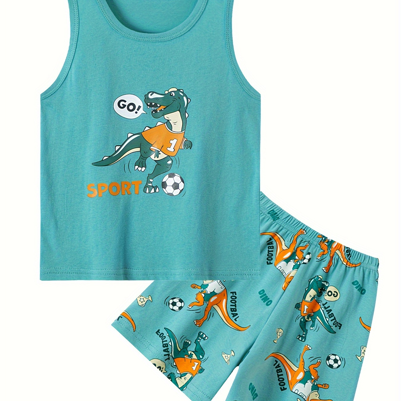 

2pcs Boys Soccer Dino Print Versatile Sleeveless Tank Top & Shorts Set, Cool, Lightweight And Comfy Summer Holiday Clothes