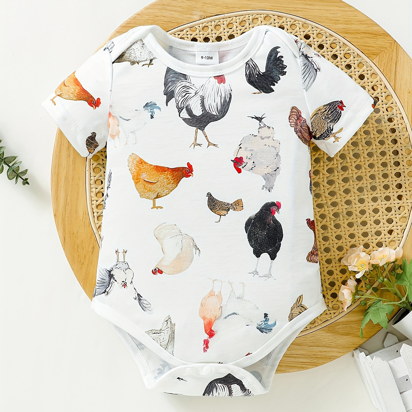 

Infant's Cartoon Chicken All-over Print Bodysuit, Casual Short Sleeve Romper, Baby Boy's Clothing