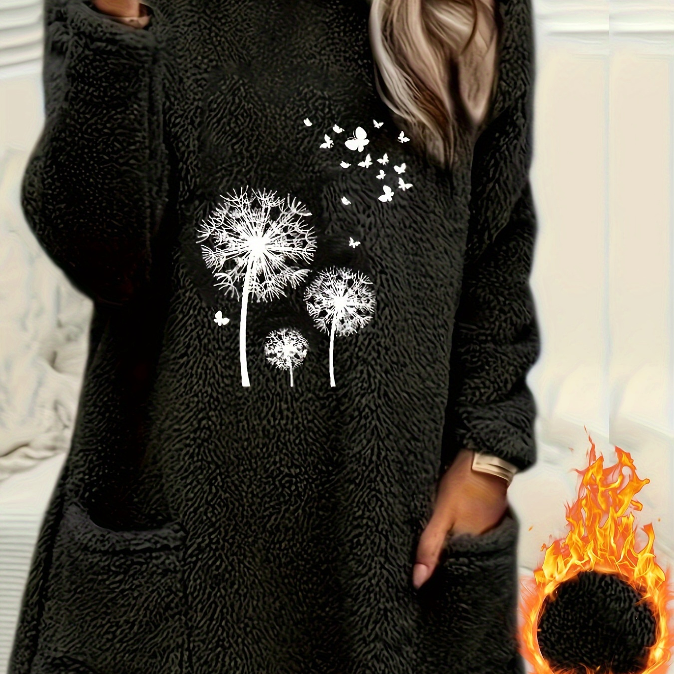 

Dandelion Print Pockets Pullover Sweatshirt, Casual Long Sleeve Crew Neck Sweatshirt For Fall & Winter, Women's Clothing