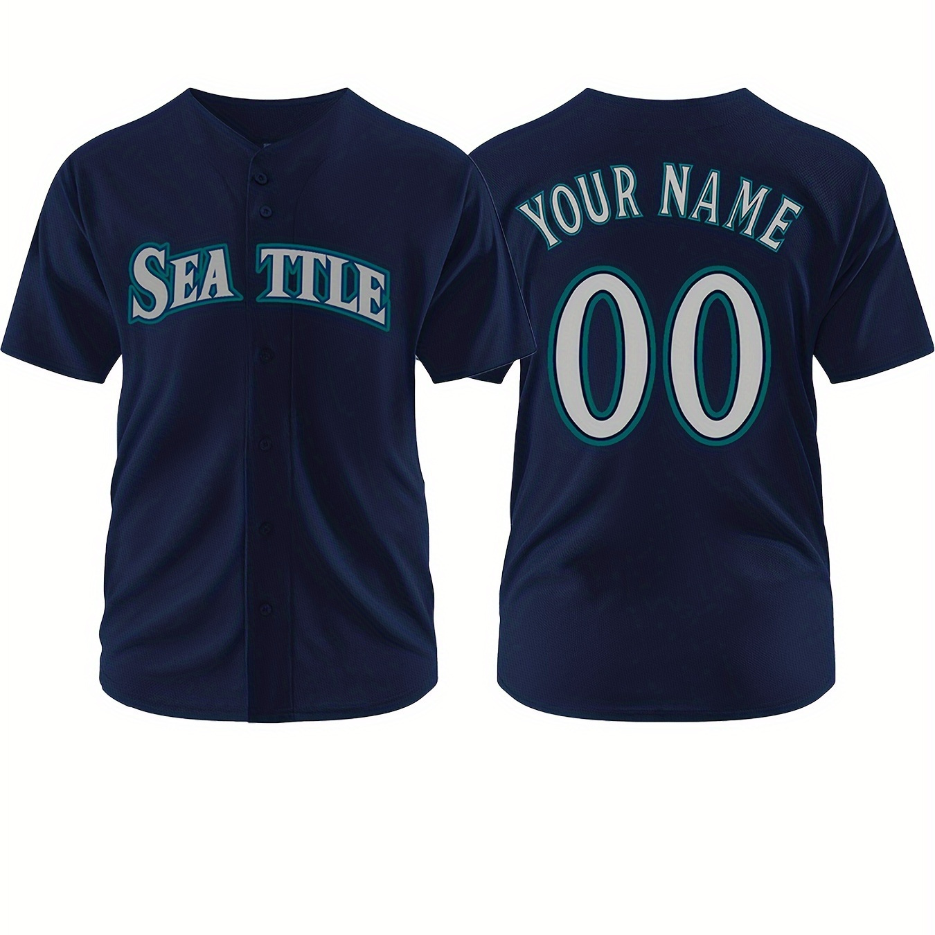 

Men's "seattle" Pattern And Customized Name And Number Print Short Sleeve And Button Up Baseball Jersey, Chic And Stylish Sports Tops For Summer Outdoors Wear