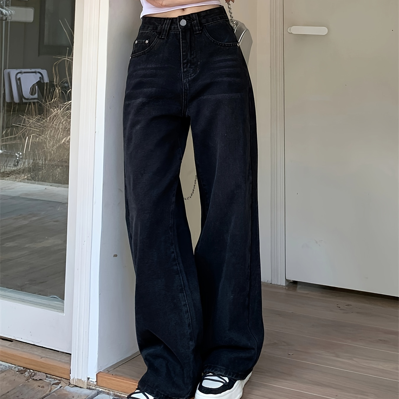 

Plain Black Color Loose Fit Retro Style Slash Pocket Jeans Denim Pants, Women's Denim Jeans & Clothing For Autumn