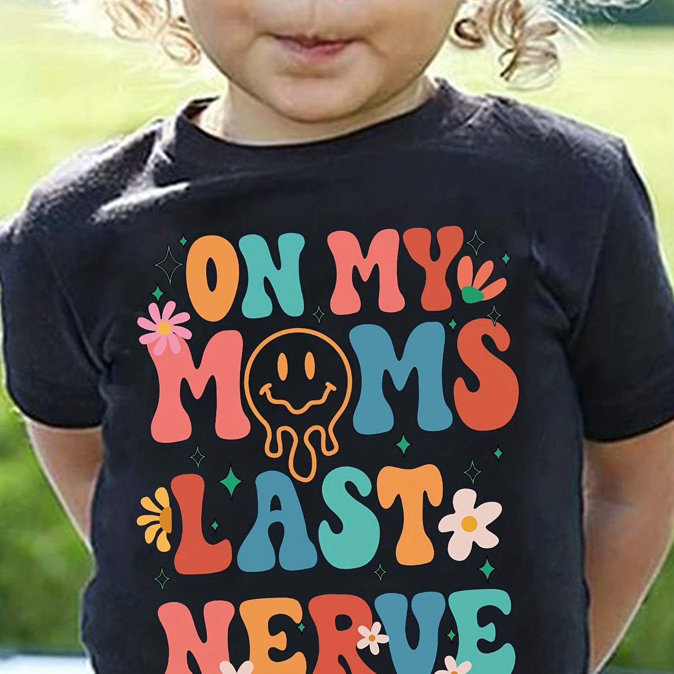 ''On My Mom's Last Nerves'' Print Girls Short Sleeve Tee Shirt Relaxed Fit Daily Casual Party Tops For Toddler Kids