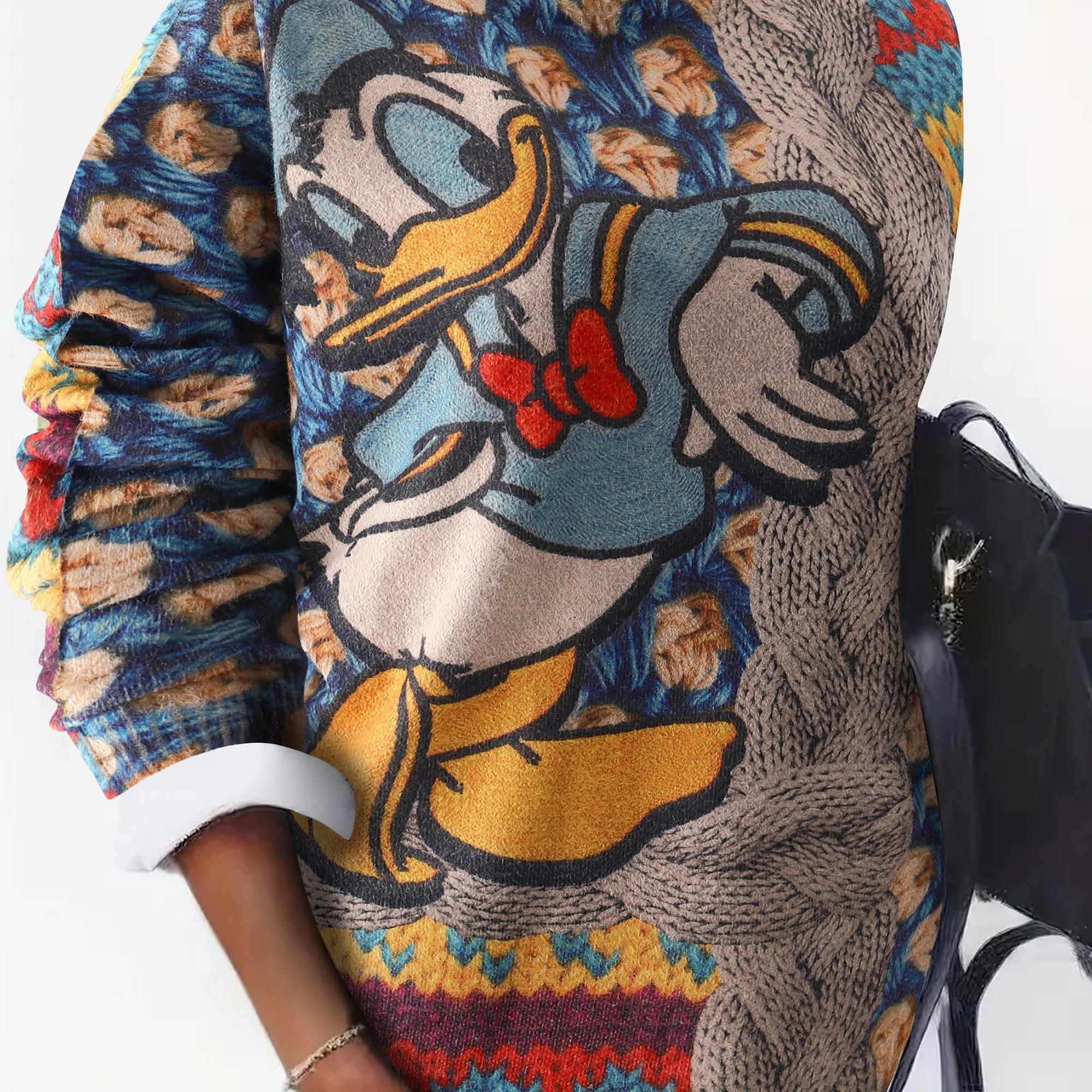 

Pull en maille élégant pour femme taille plus avec motif de canard dessin animé - Mélange de viscose, col rond, manches longues, légère élasticité, taille décontractée pour le printemps/automne