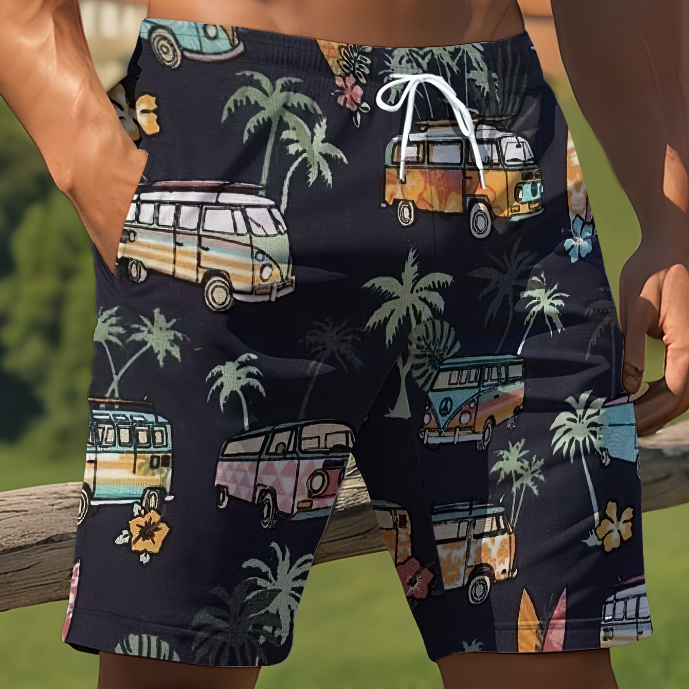 

Men's Quick-dry Hawaiian Board Shorts With Vibrant Cartoon Van & Palm Tree Pattern - Lightweight Polyester, Drawstring Swim Trunks For Summer , Bathing Suits