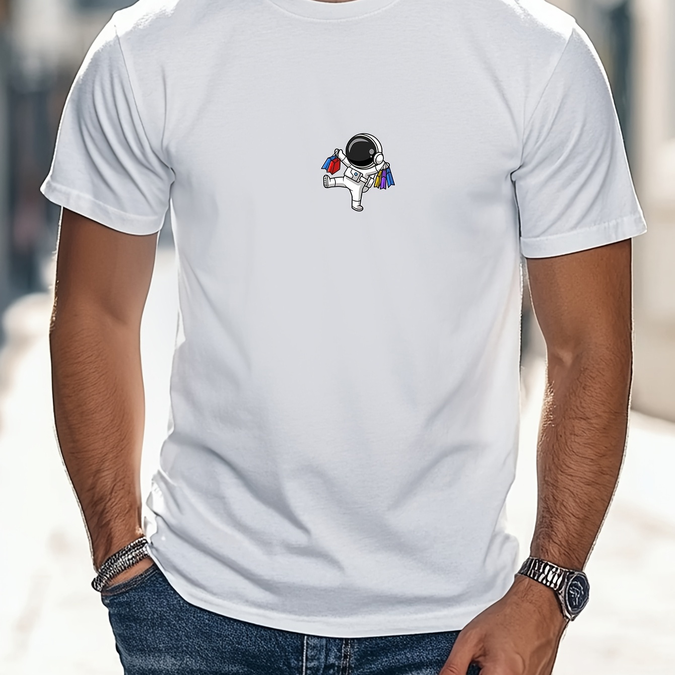 

Men's 100% Cotton White T-shirt With Astronaut Graphic - Casual Short-sleeved Crew Neck, American , Summer Outdoor & Fitness Wear, Astronaut Decor