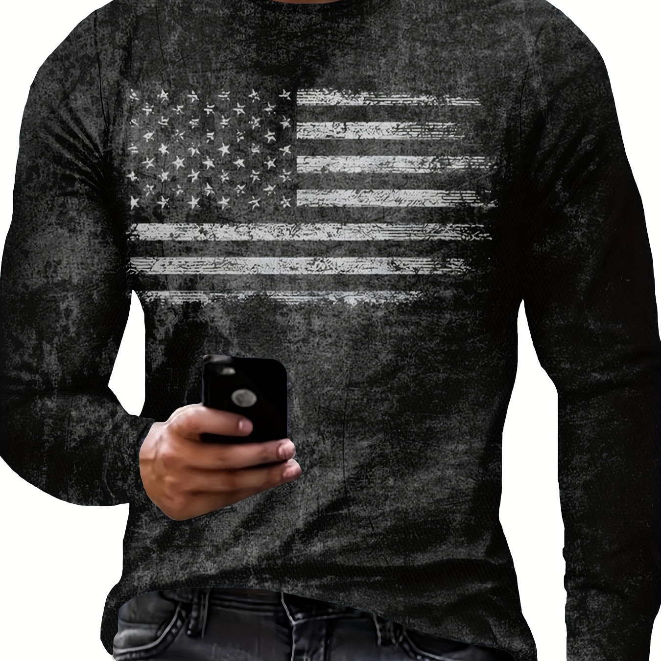 

Men's Long Sleeve Graphic T-shirt With American Flag Print, Polyester Cotton Blend, Casual Fit, Crew Neck, Regular Length