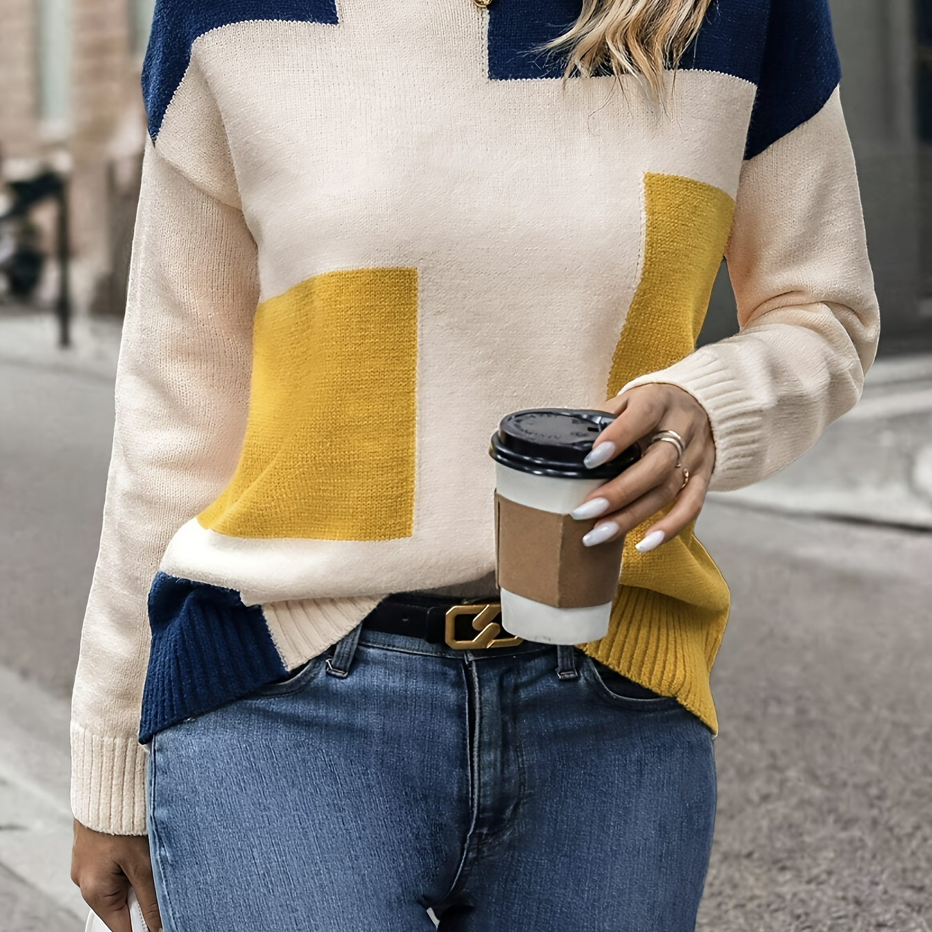 

Color Block Crew Neck Pullover Sweater, Casual Long Sleeve Knitted Sweater For Fall & Spring, Women's Clothing